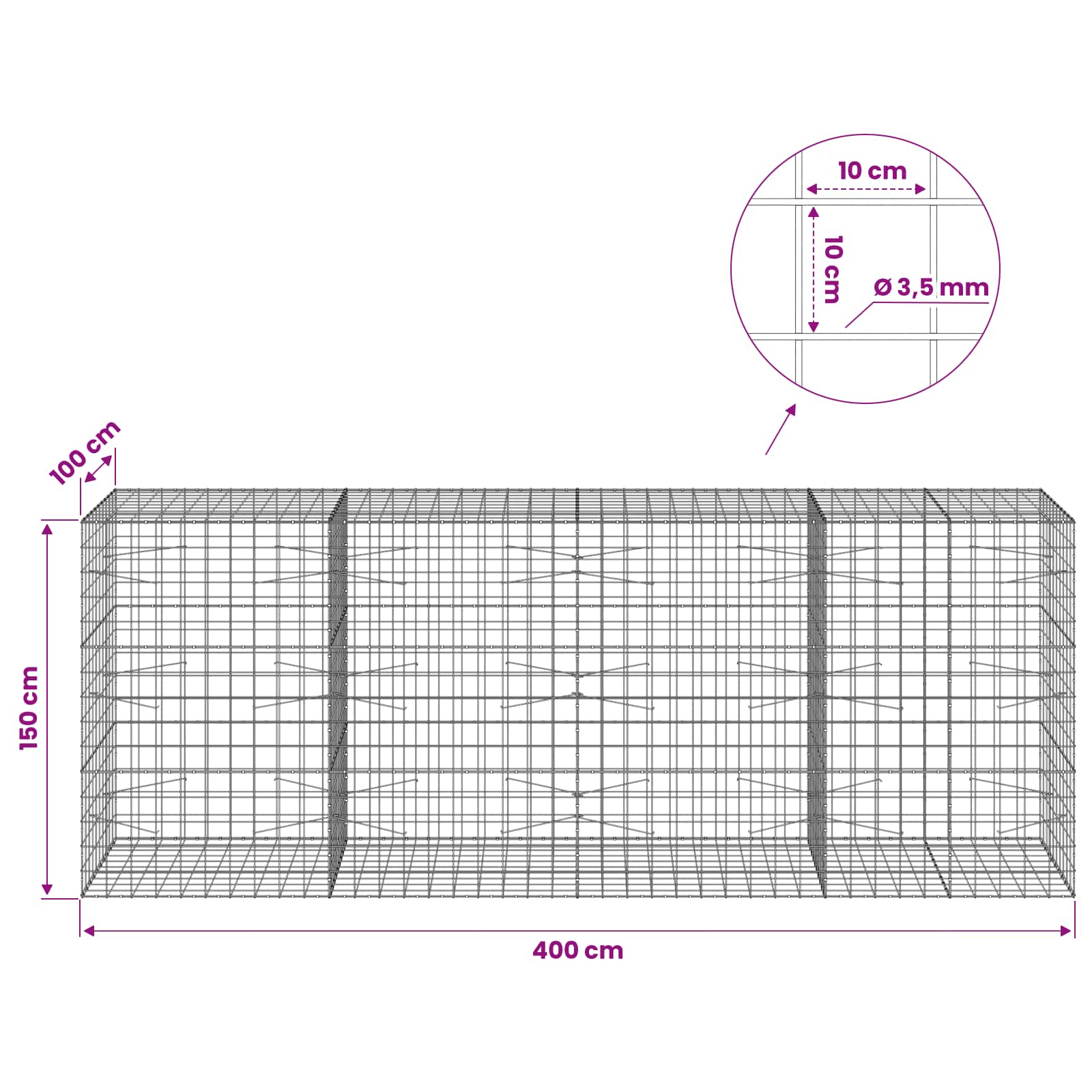 Gabion z žico 3,5 mm in mrežo 10x10 cm 400x100x150 cm