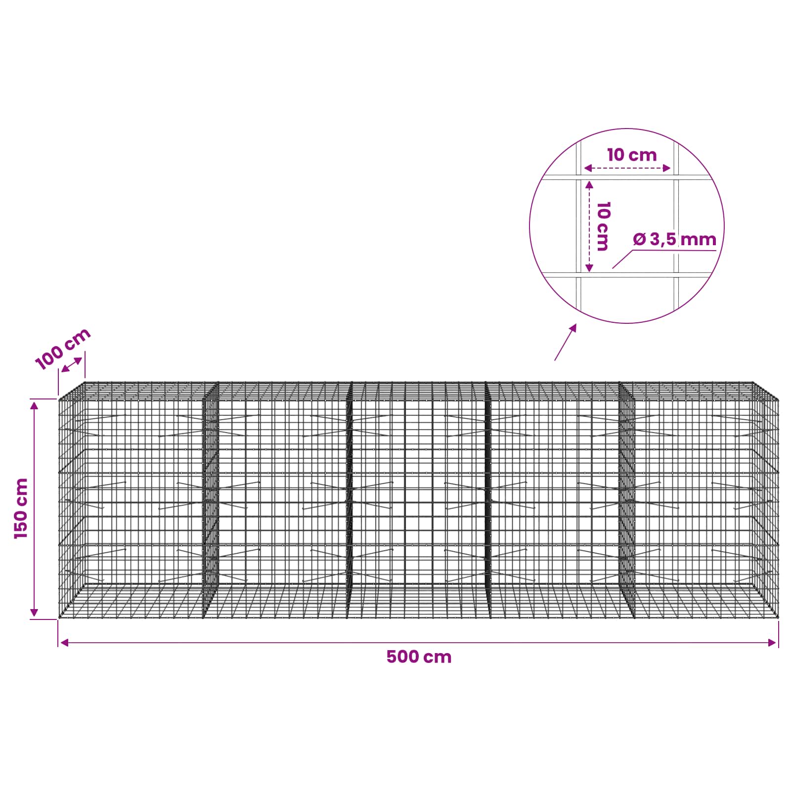 Gabion z žico 3,5 mm in mrežo 10x10 cm 500x100x150 cm
