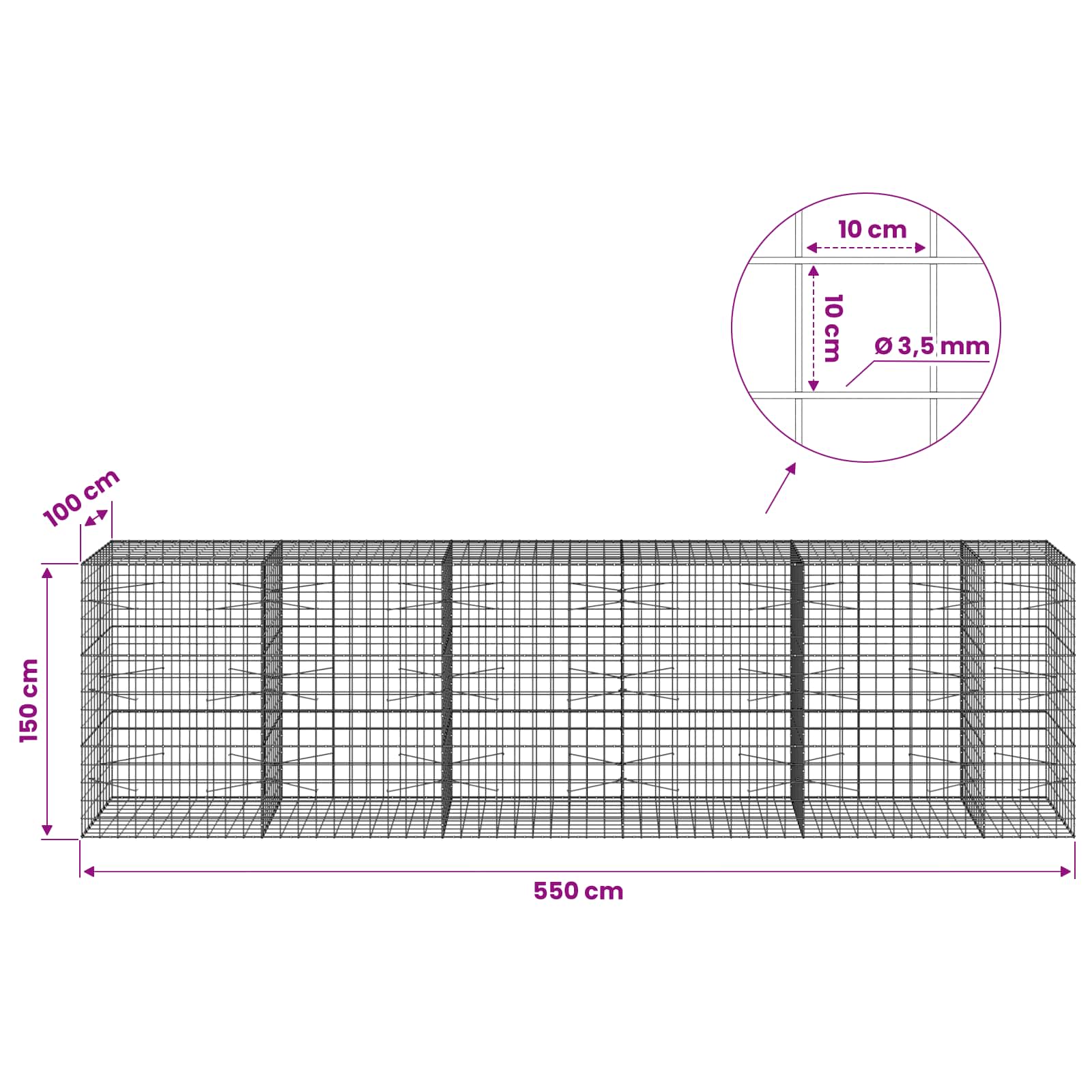 Gabion z žico 3,5 mm in mrežo 10x10 cm 550x100x150 cm