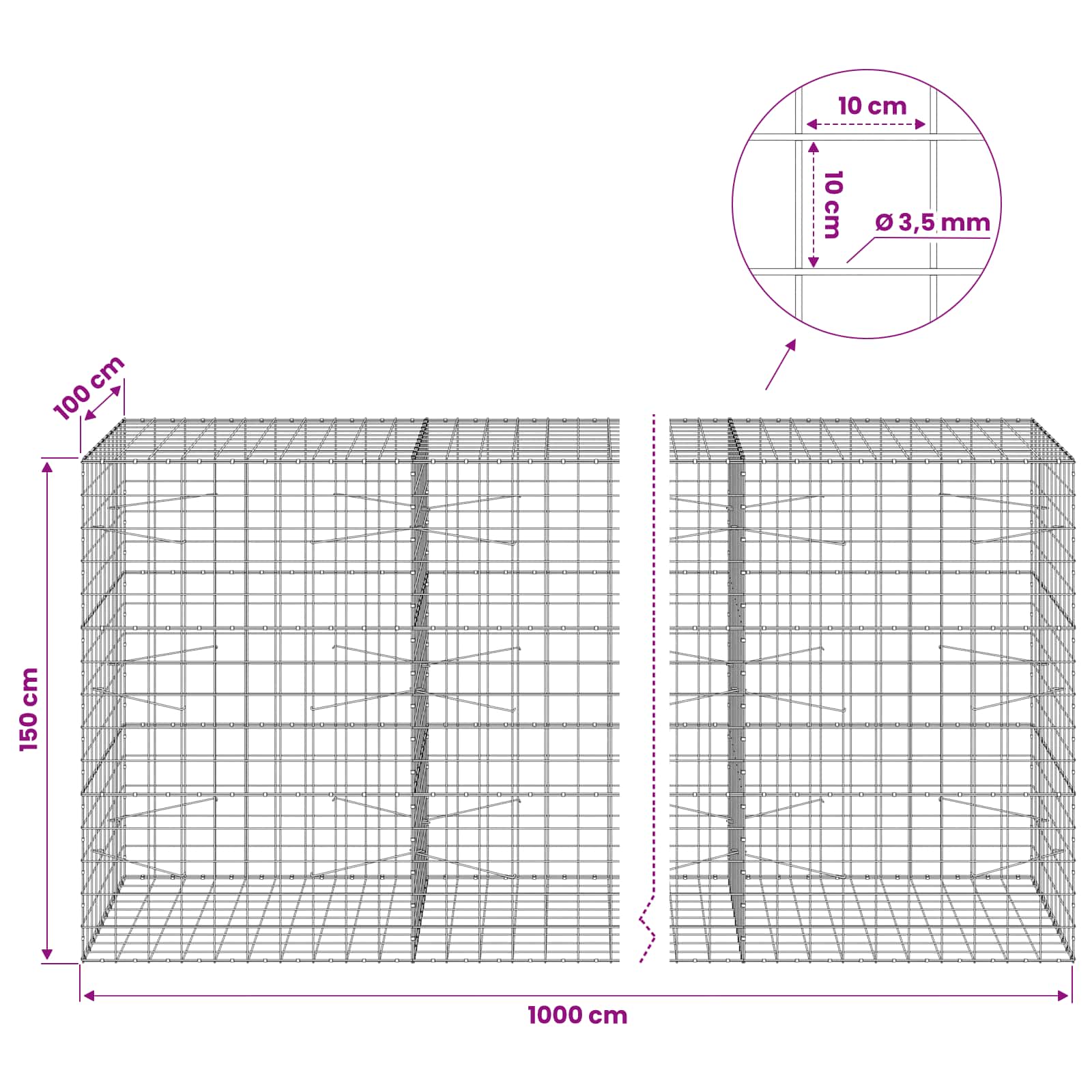 Gabion z žico 3,5 mm in mrežo 10x10 cm 1000x100x150 cm