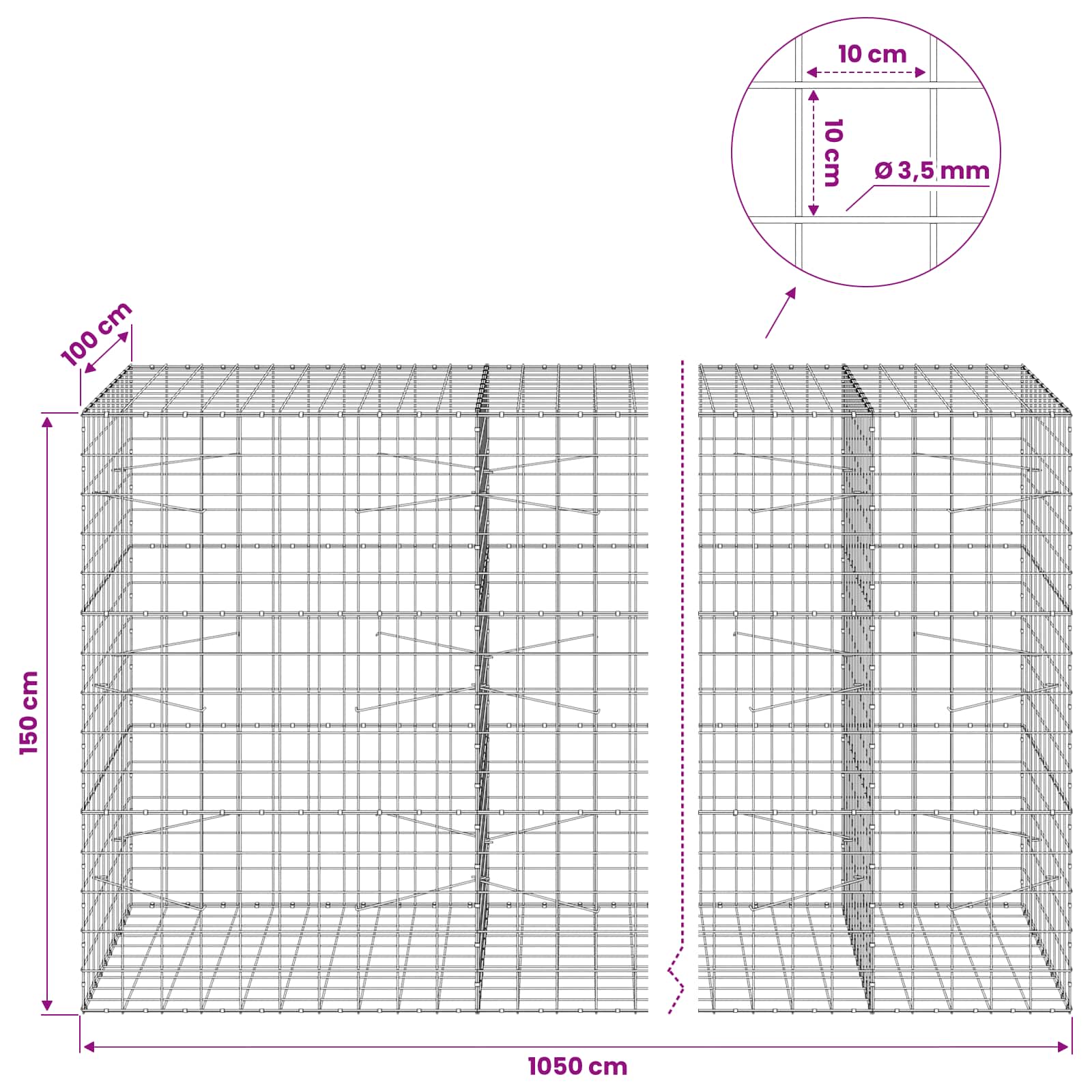 Gabion z žico 3,5 mm in mrežo 10x10 cm 1050x100x150 cm