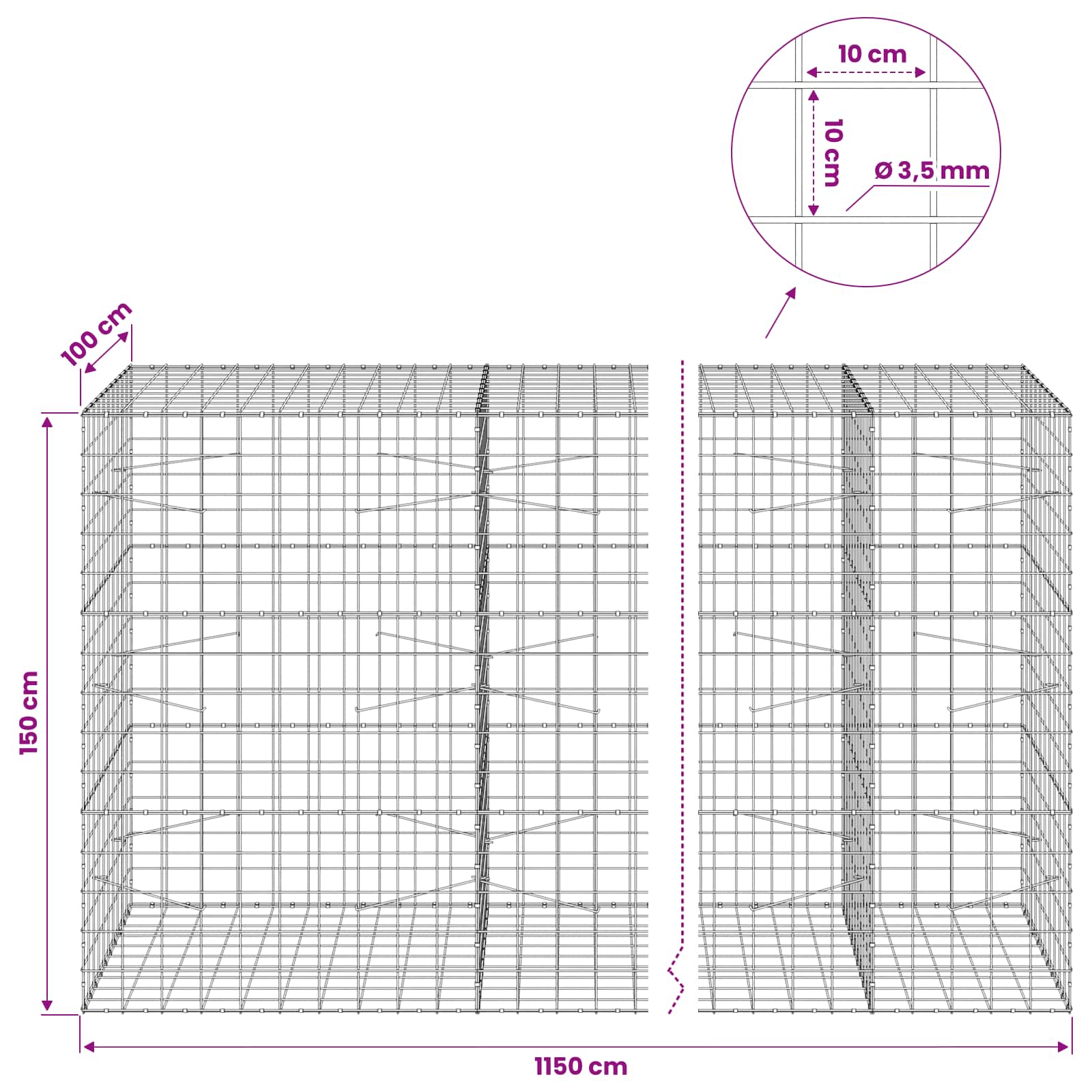 Gabion z žico 3,5 mm in mrežo 10x10 cm 1150x100x150 cm
