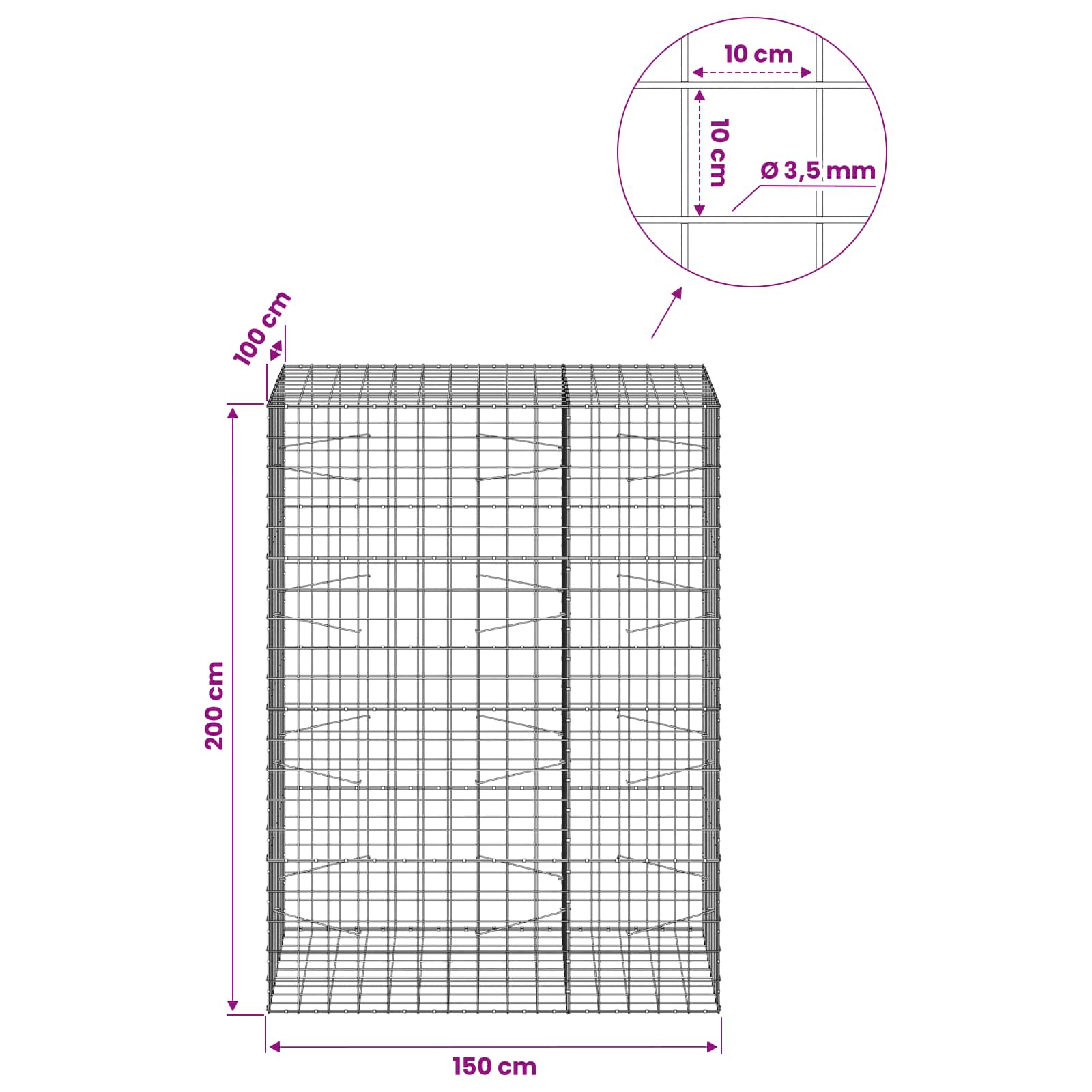 Gabion z žico 3,5 mm in mrežo 10x10 cm 150x100x200 cm
