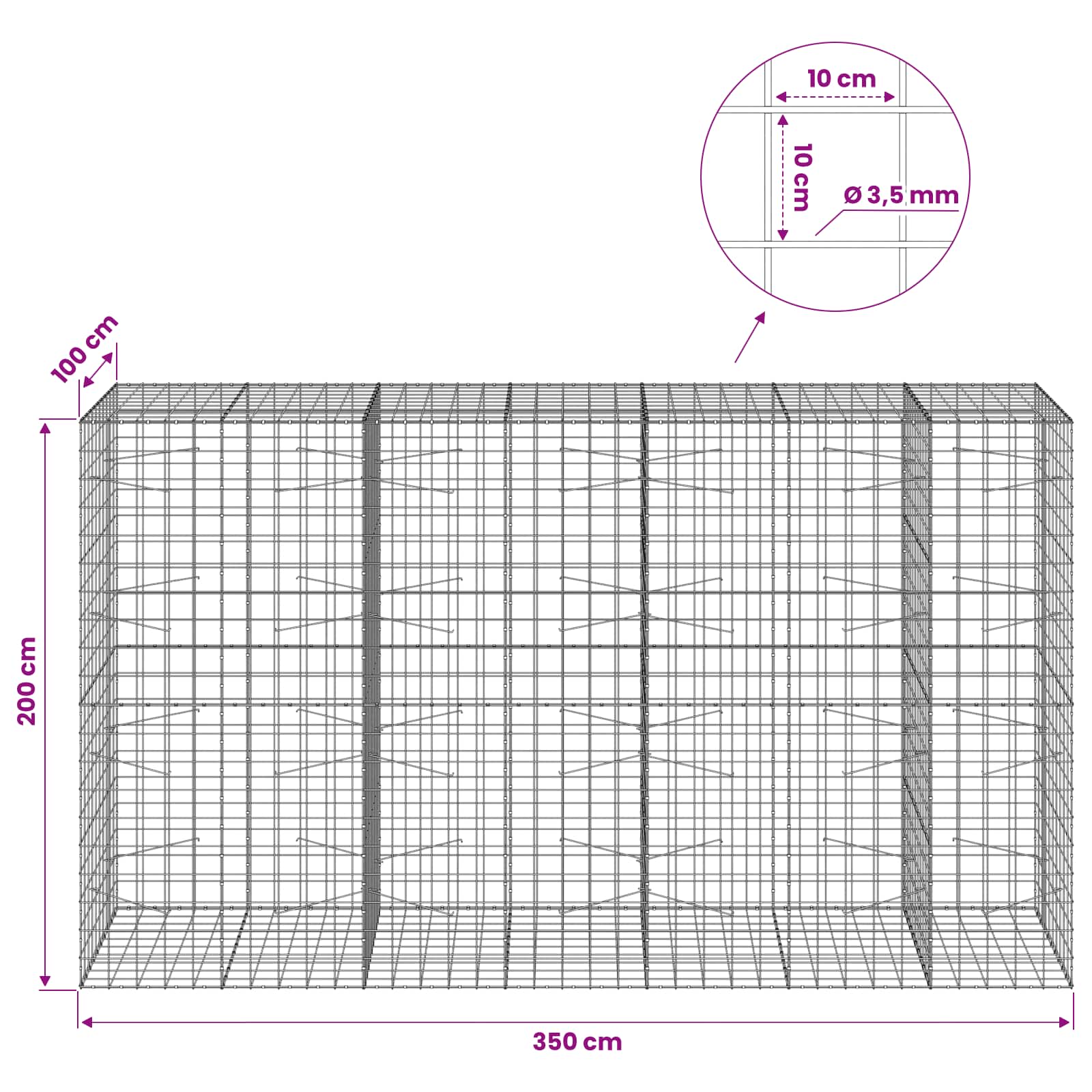 Gabion z žico 3,5 mm in mrežo 10x10 cm 350x100x200 cm