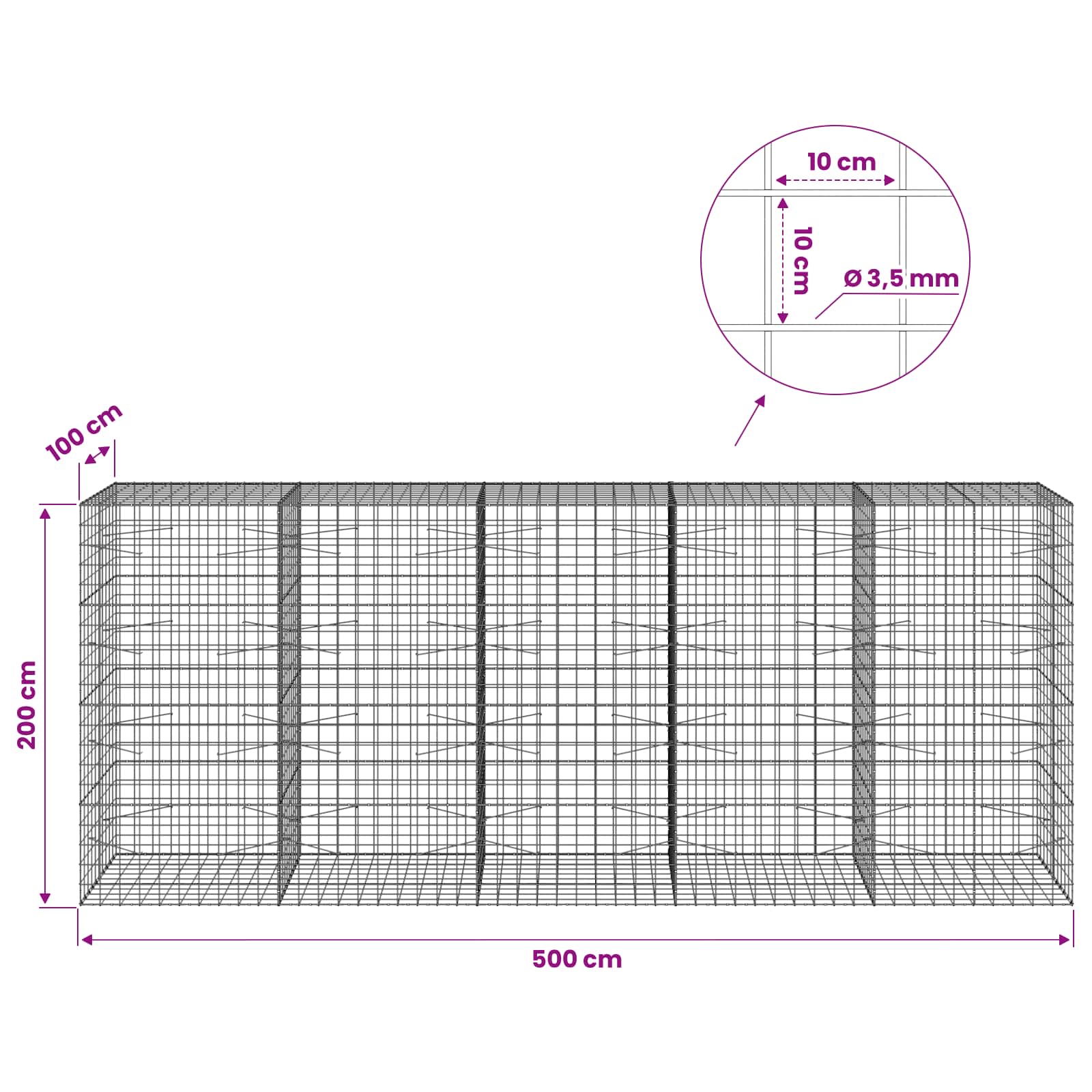 Gabion z žico 3,5 mm in mrežo 10x10 cm 500x100x200 cm