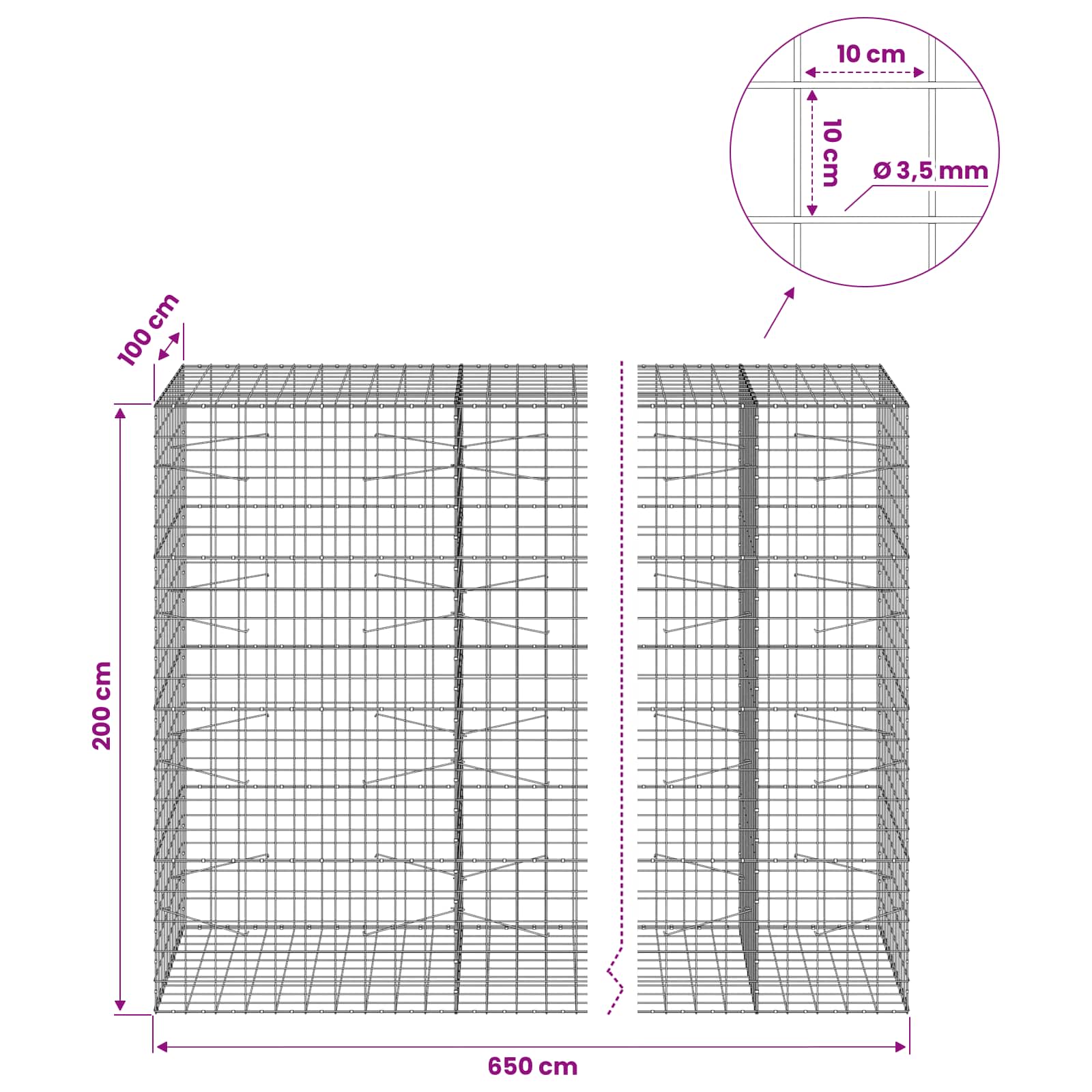 Gabion z žico 3,5 mm in mrežo 10x10 cm 650x100x200 cm