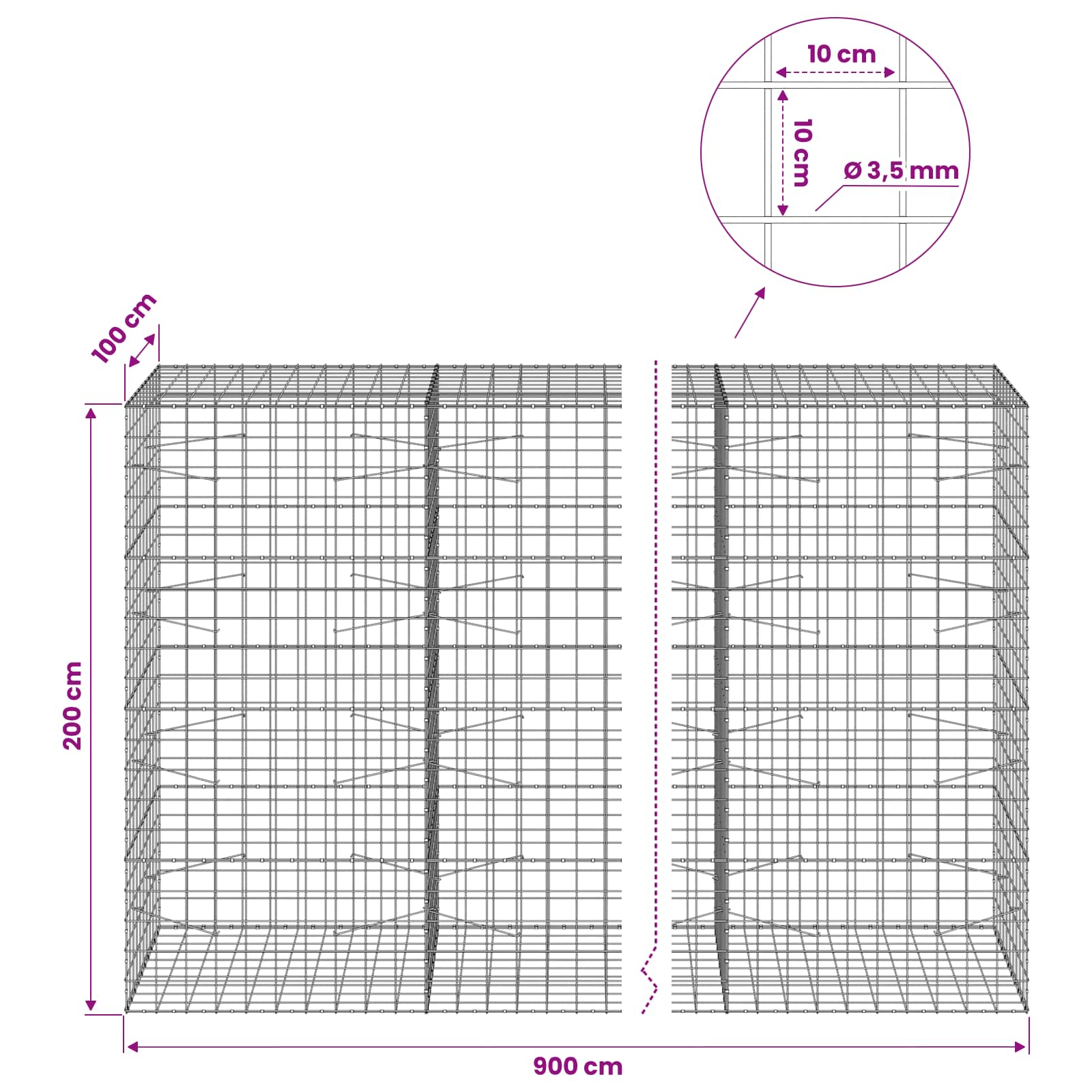 Gabion z žico 3,5 mm in mrežo 10x10 cm 900x100x200 cm
