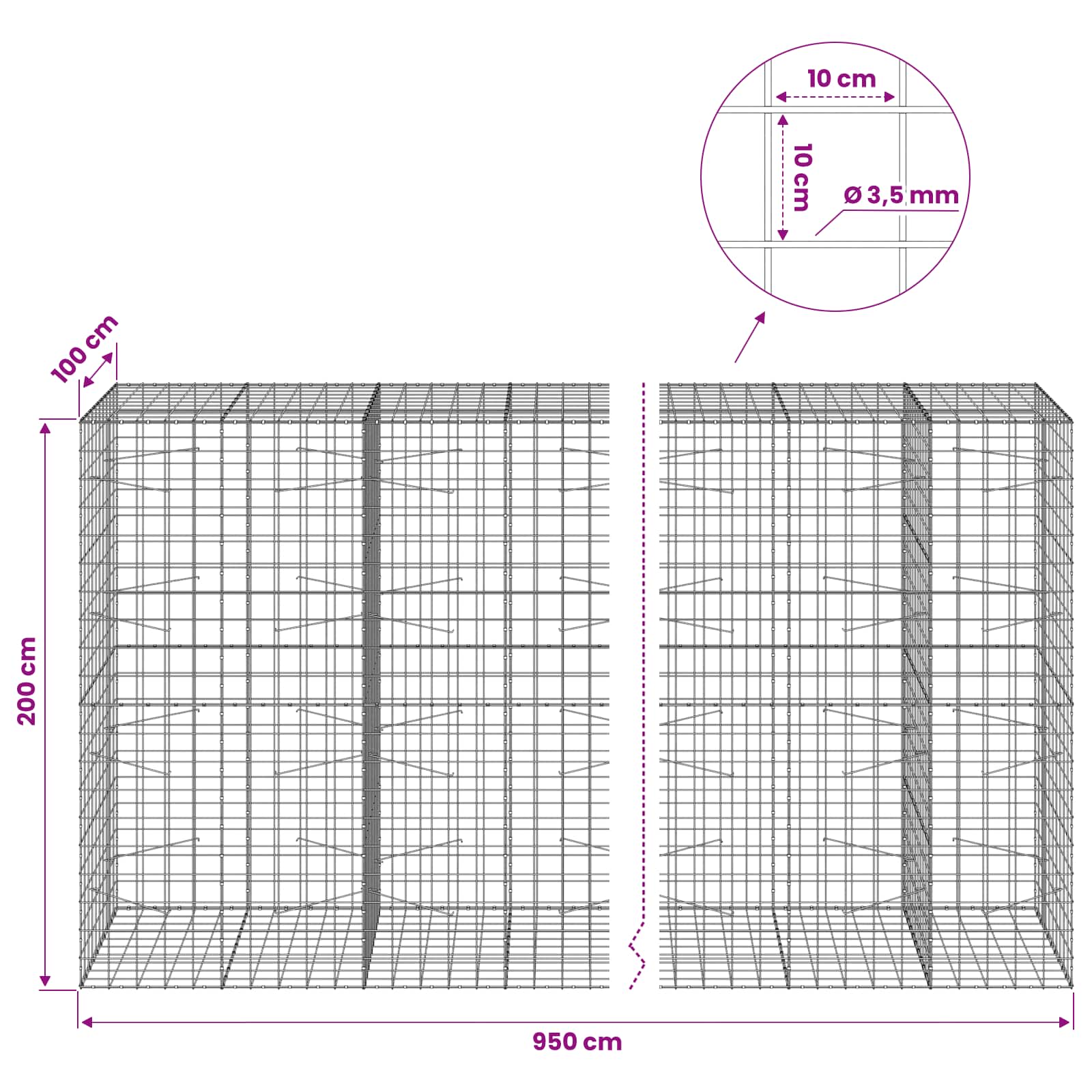 Gabion z žico 3,5 mm in mrežo 10x10 cm 950x100x200 cm