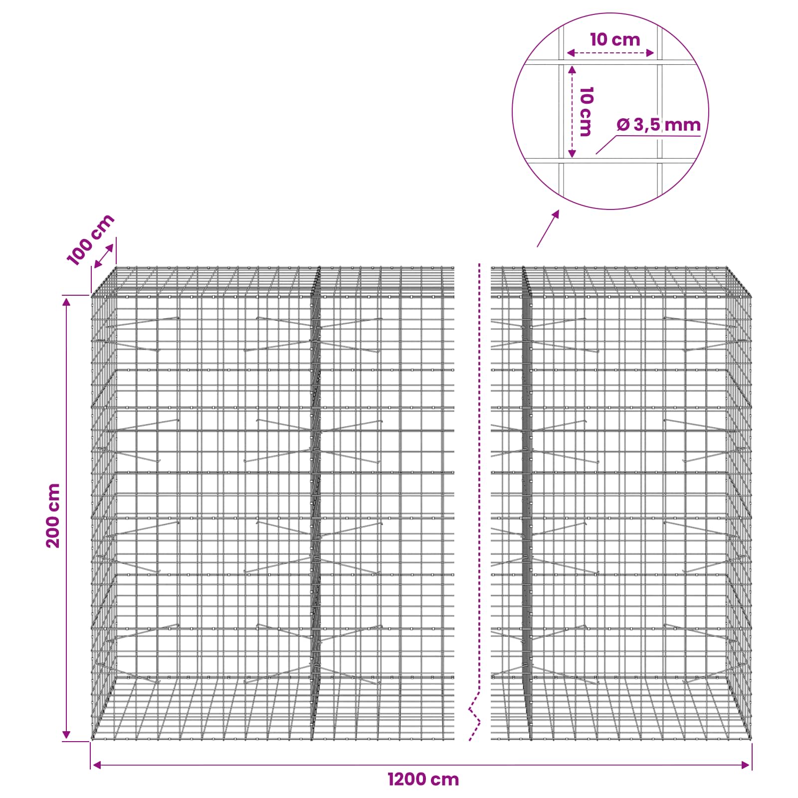 Gabion z žico 3,5 mm in mrežo 10x10 cm 1200x100x200 cm