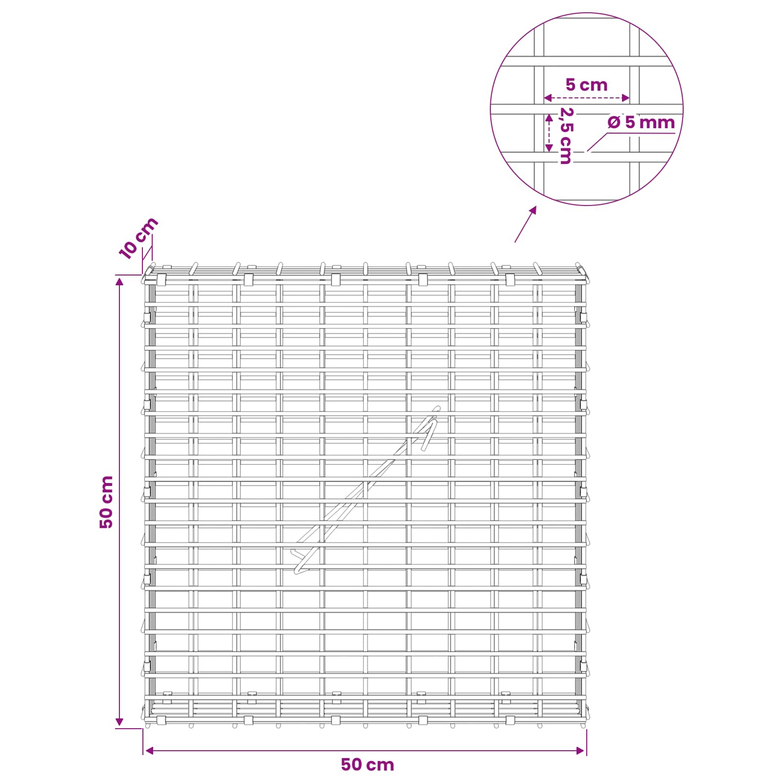 Gabion z žico 5 mm in mrežo 5x2,5 cm 50x10x50 cm