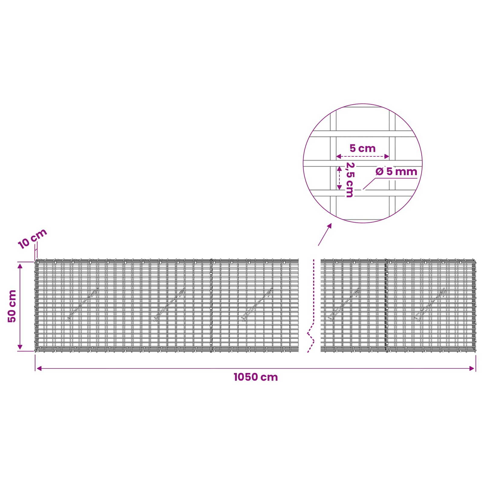 Gabion z žico 5 mm in mrežo 5x2,5 cm 1050x10x50 cm