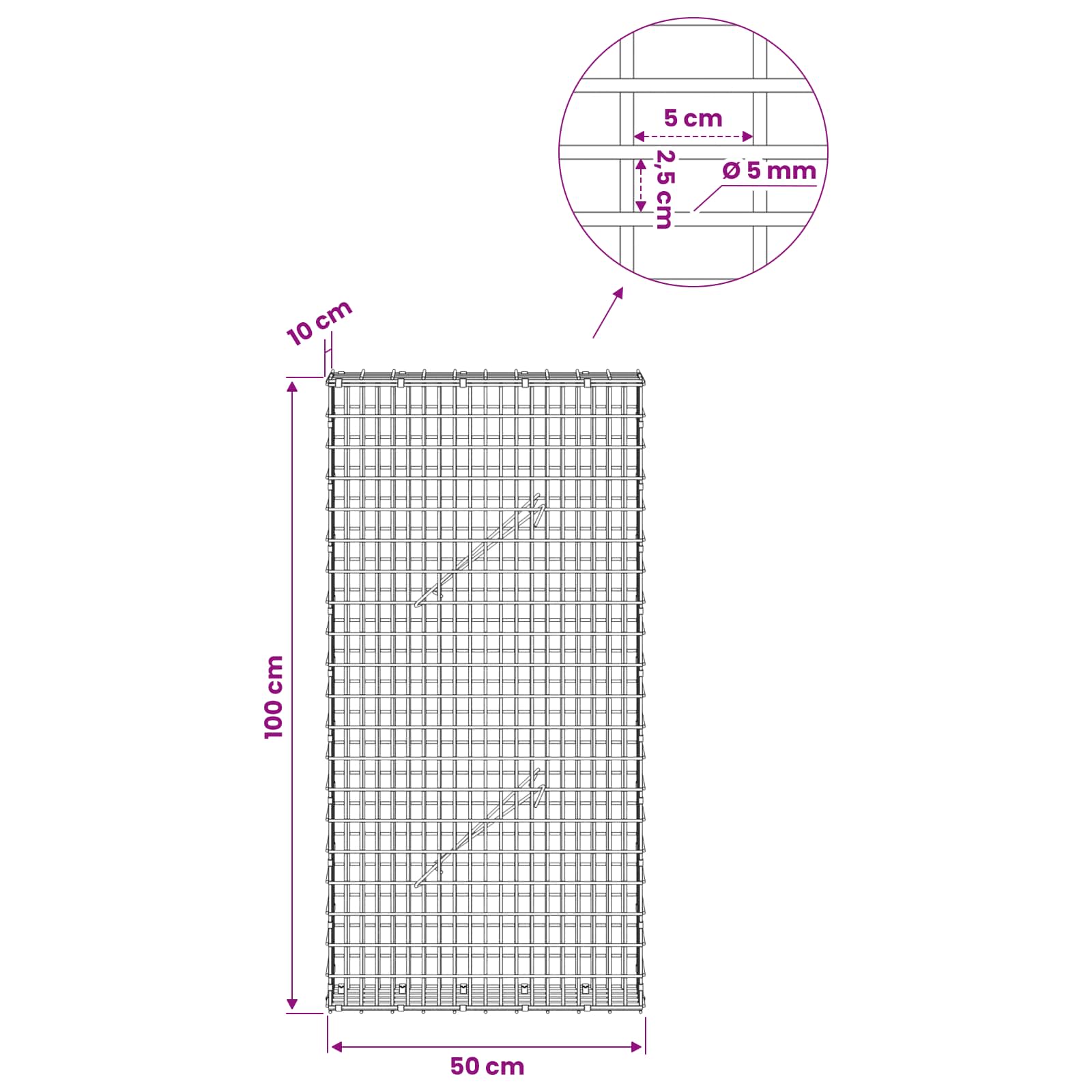 Gabion z žico 5 mm in mrežo 5x2,5 cm 50x10x100 cm
