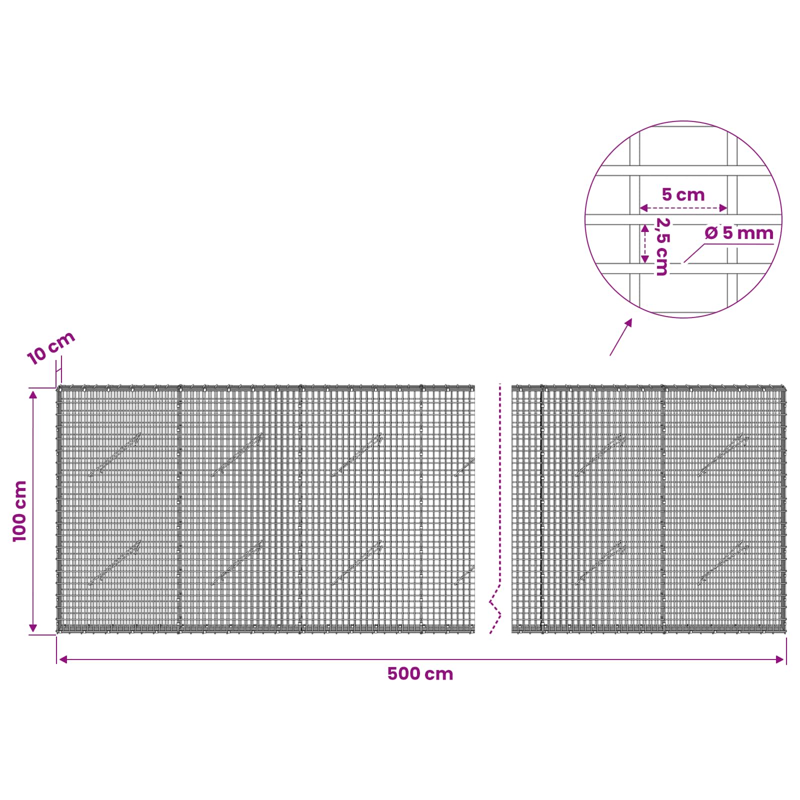 Gabion z žico 5 mm in mrežo 5x2,5 cm 500x10x100 cm