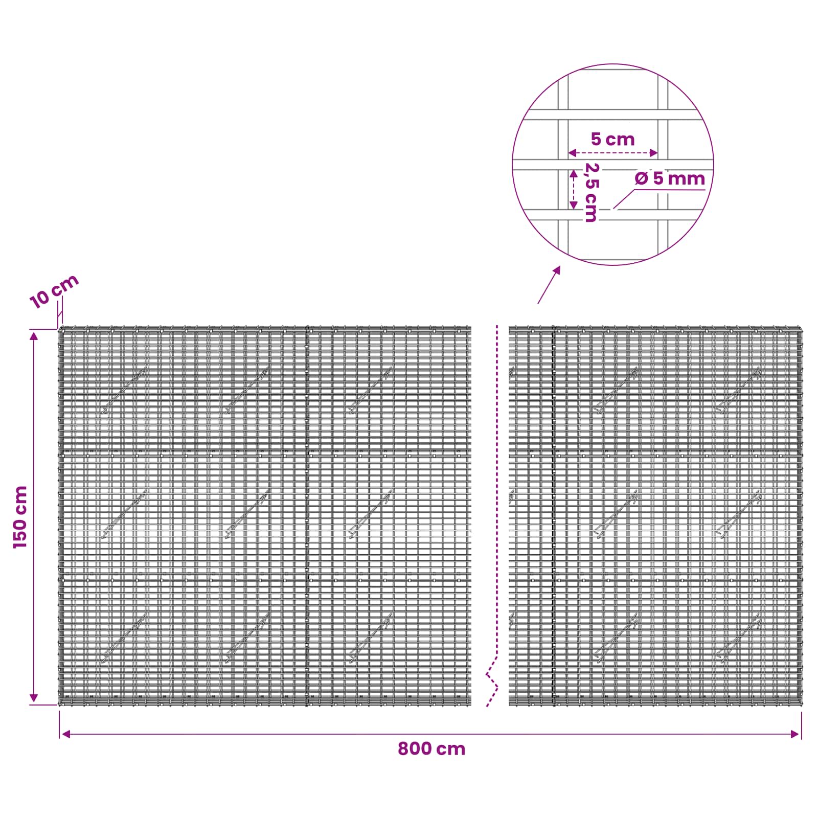 Gabion z žico 5 mm in mrežo 5x2,5 cm 800x10x150 cm