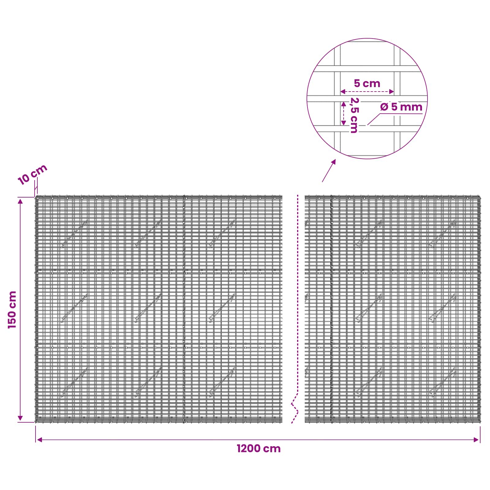 Gabion z žico 5 mm in mrežo 5x2,5 cm 1200x10x150 cm