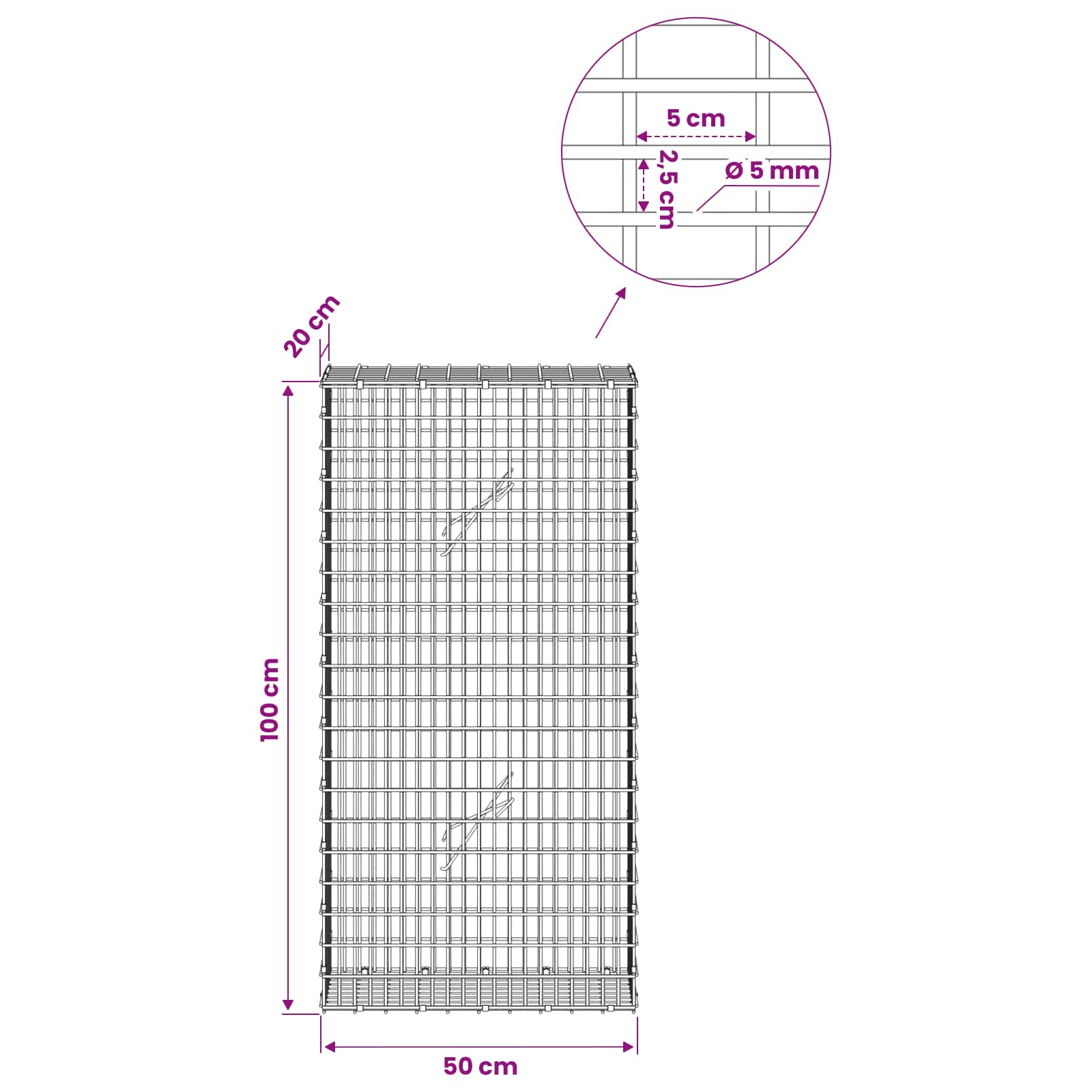 Gabion z žico 5 mm in mrežo 5x2,5 cm 50x20x100 cm