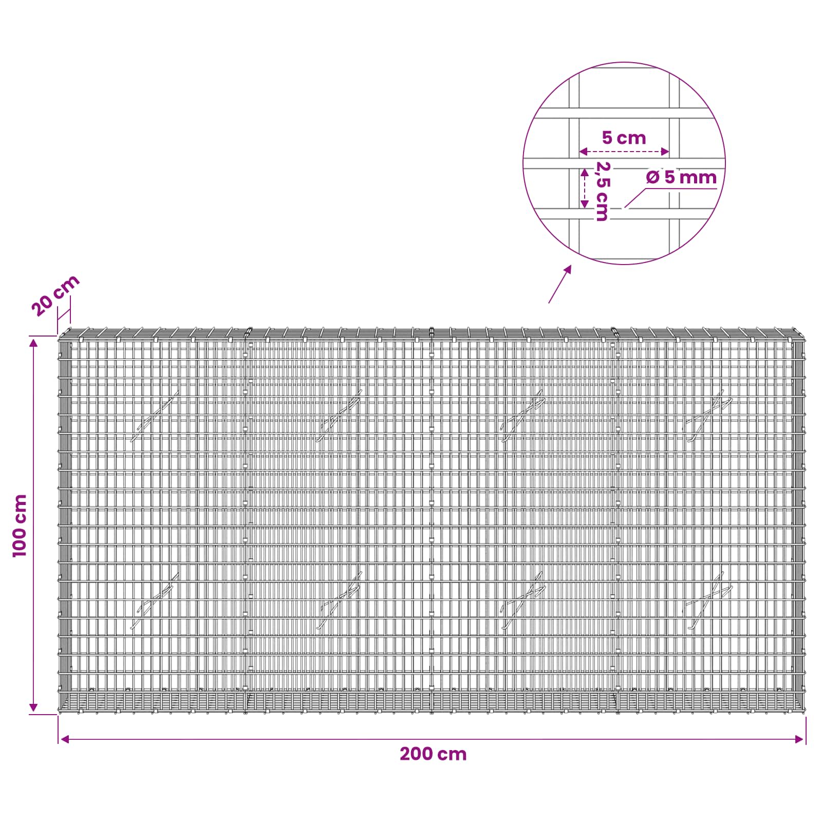 Gabion z žico 5 mm in mrežo 5x2,5 cm 200x20x100 cm