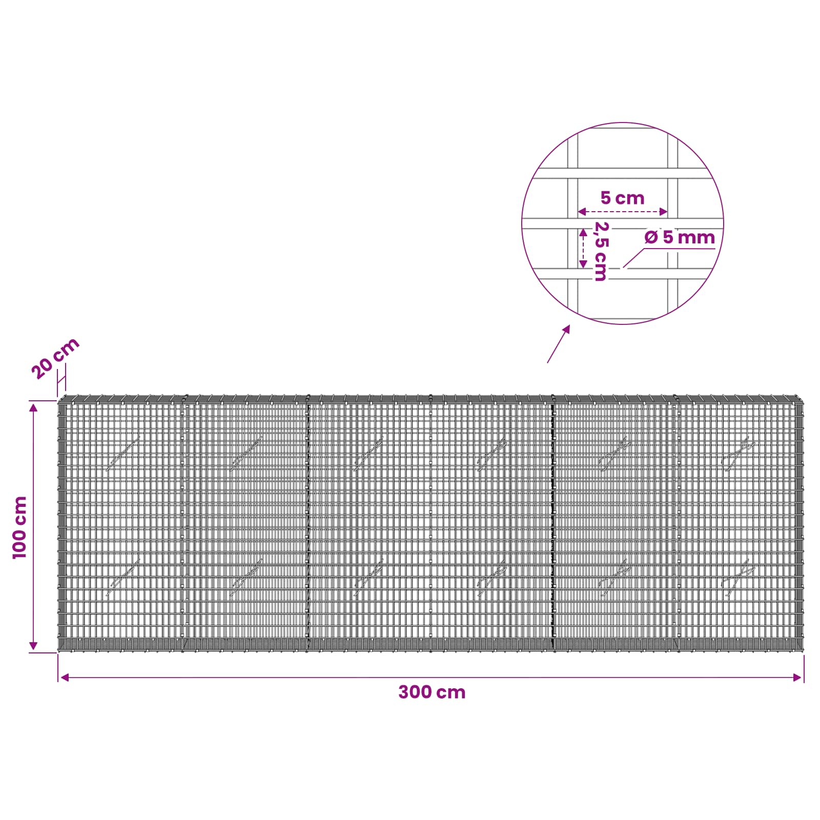 Gabion z žico 5 mm in mrežo 5x2,5 cm 300x20x100 cm