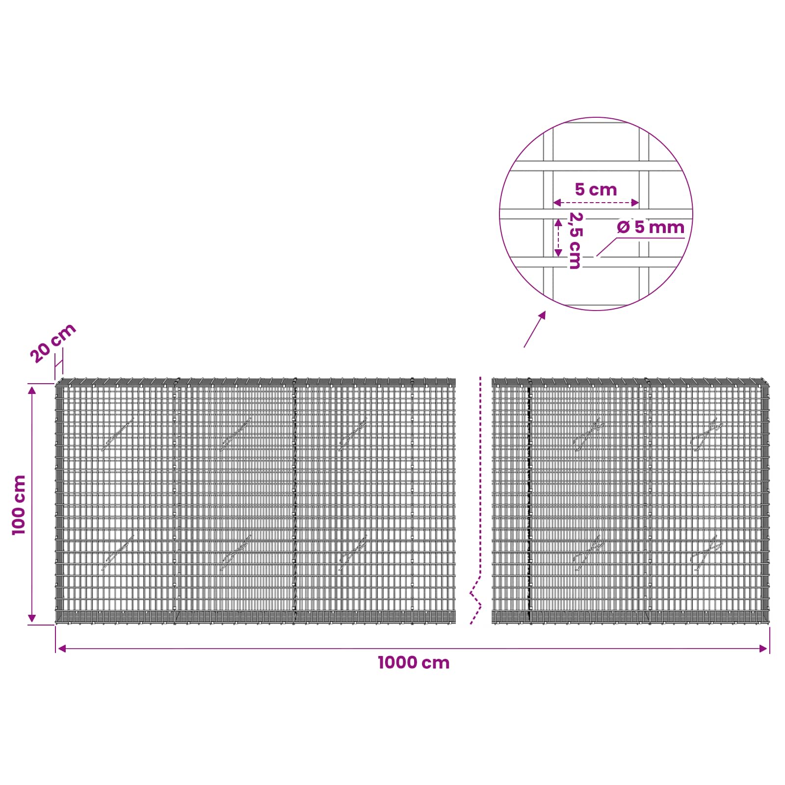 Gabion z žico 5 mm in mrežo 5x2,5 cm 1000x20x100 cm