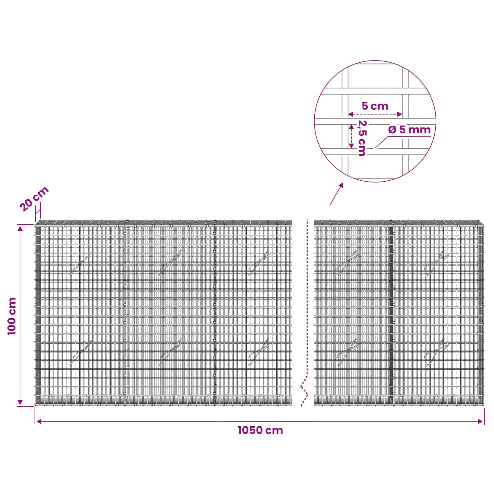 Gabion z žico 5 mm in mrežo 5x2,5 cm 1050x20x100 cm