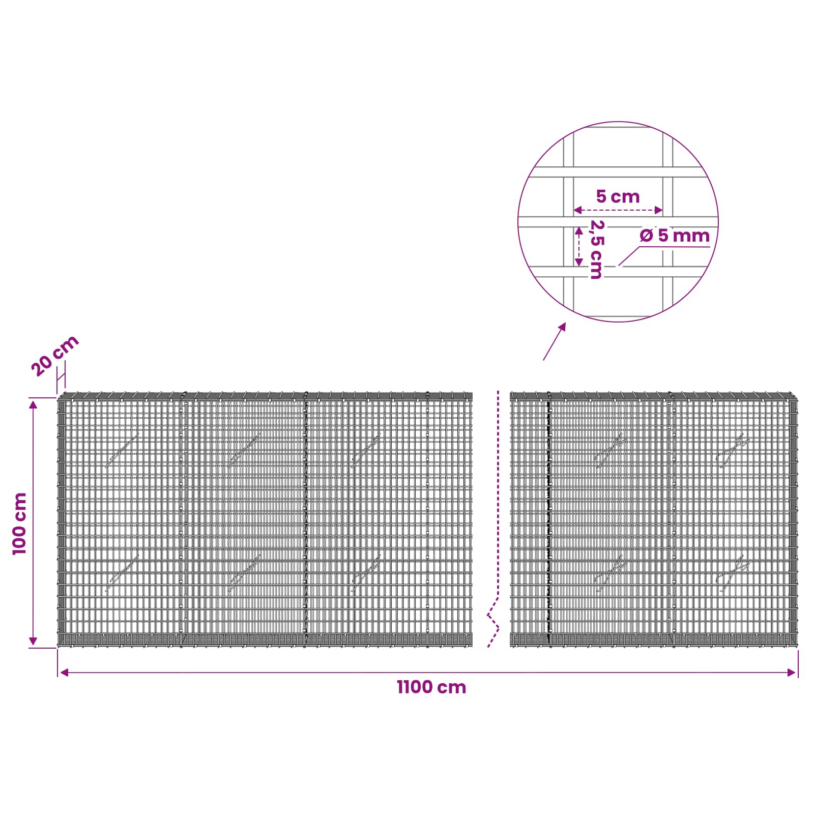 Gabion z žico 5 mm in mrežo 5x2,5 cm 1100x20x100 cm