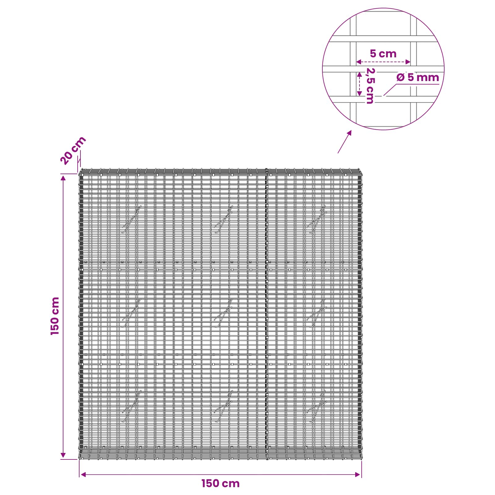 Gabion z žico 5 mm in mrežo 5x2,5 cm 150x20x150 cm