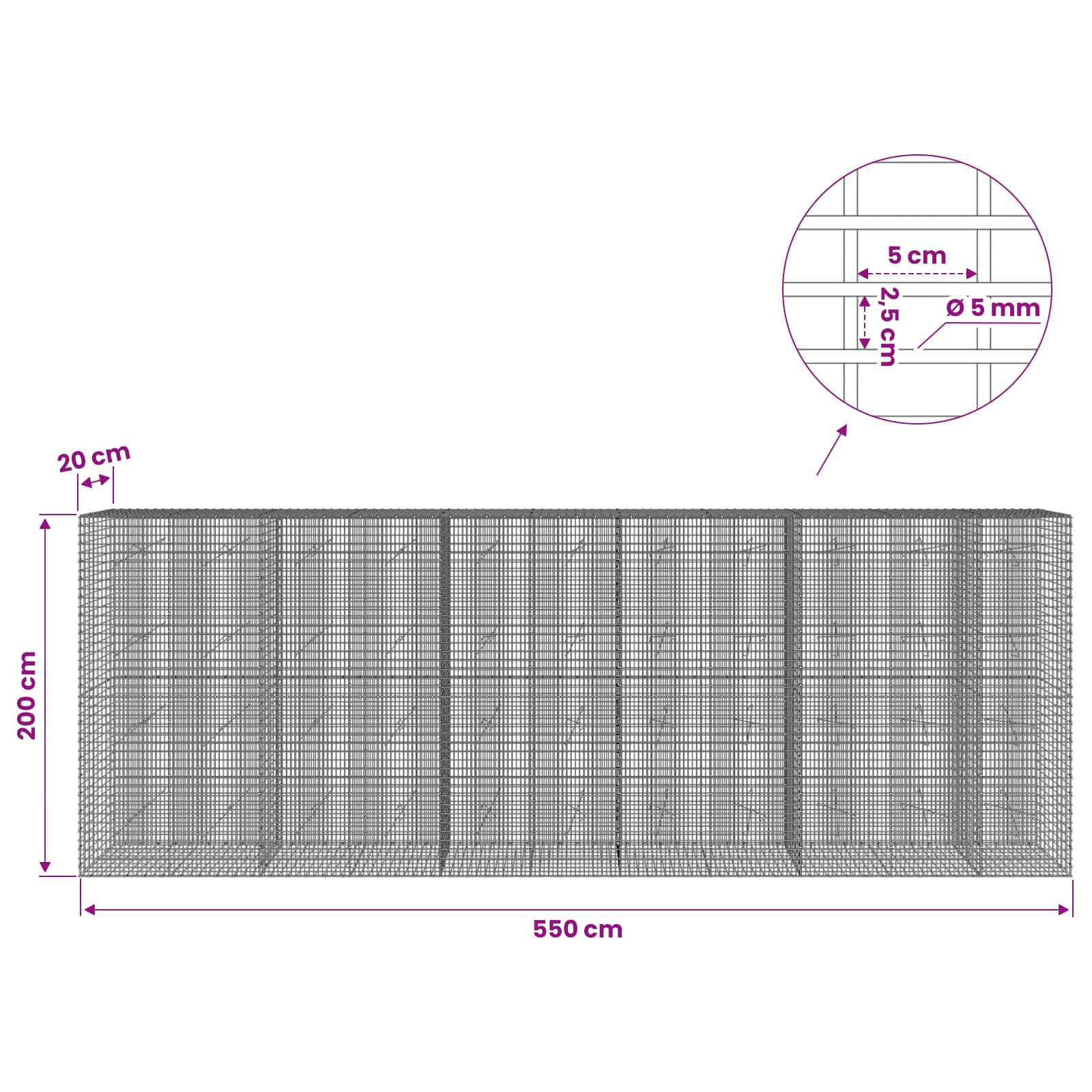 Gabion z žico 5 mm in mrežo 5x2,5 cm 550x20x200 cm