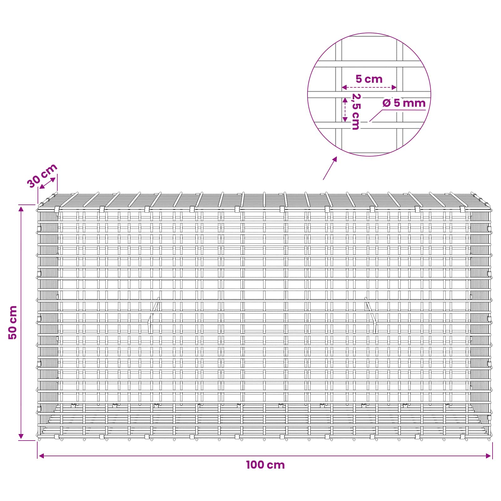 Gabion z žico 5 mm in mrežo 5x2,5 cm 100x30x50 cm