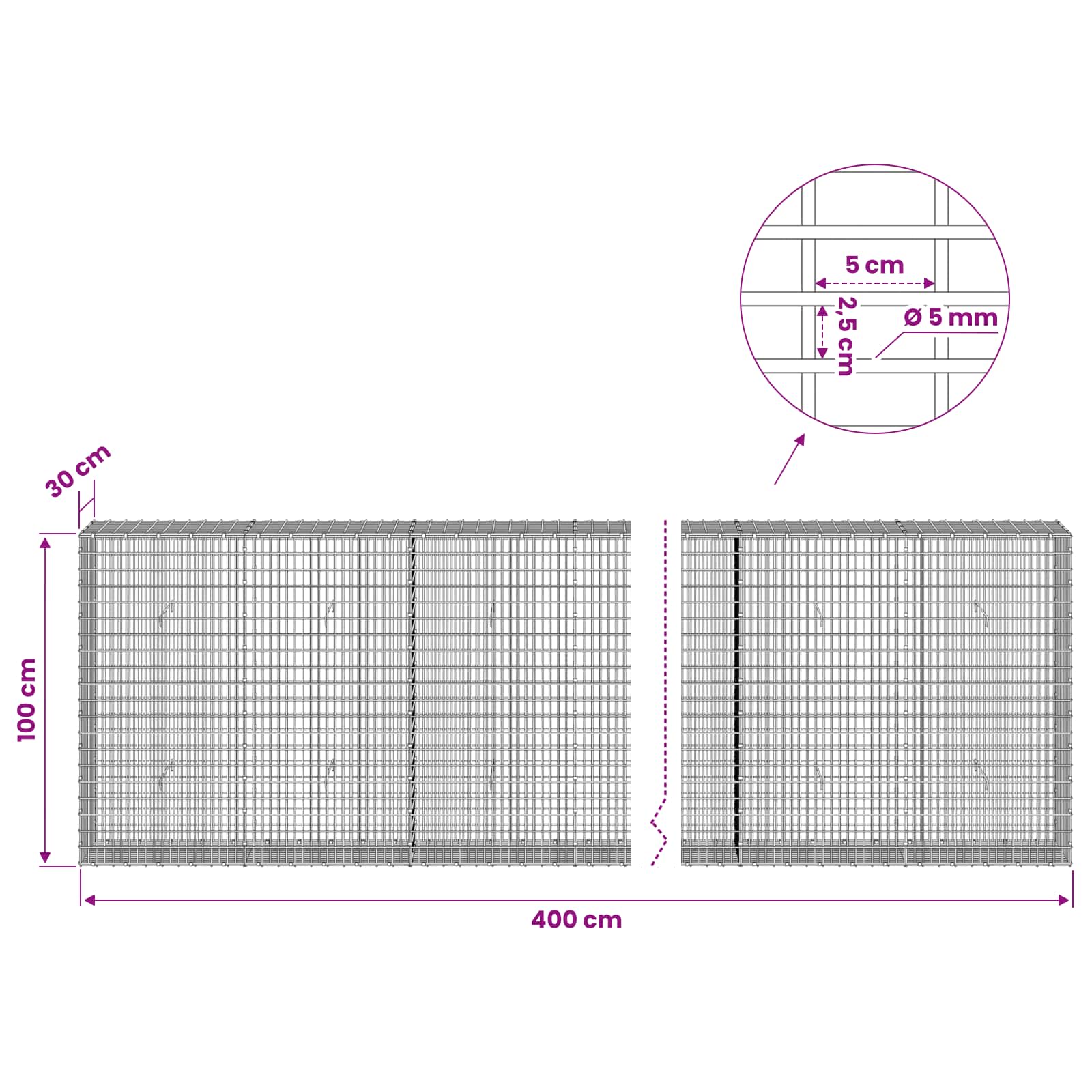 Gabion z žico 5 mm in mrežo 5x2,5 cm 400x30x100 cm