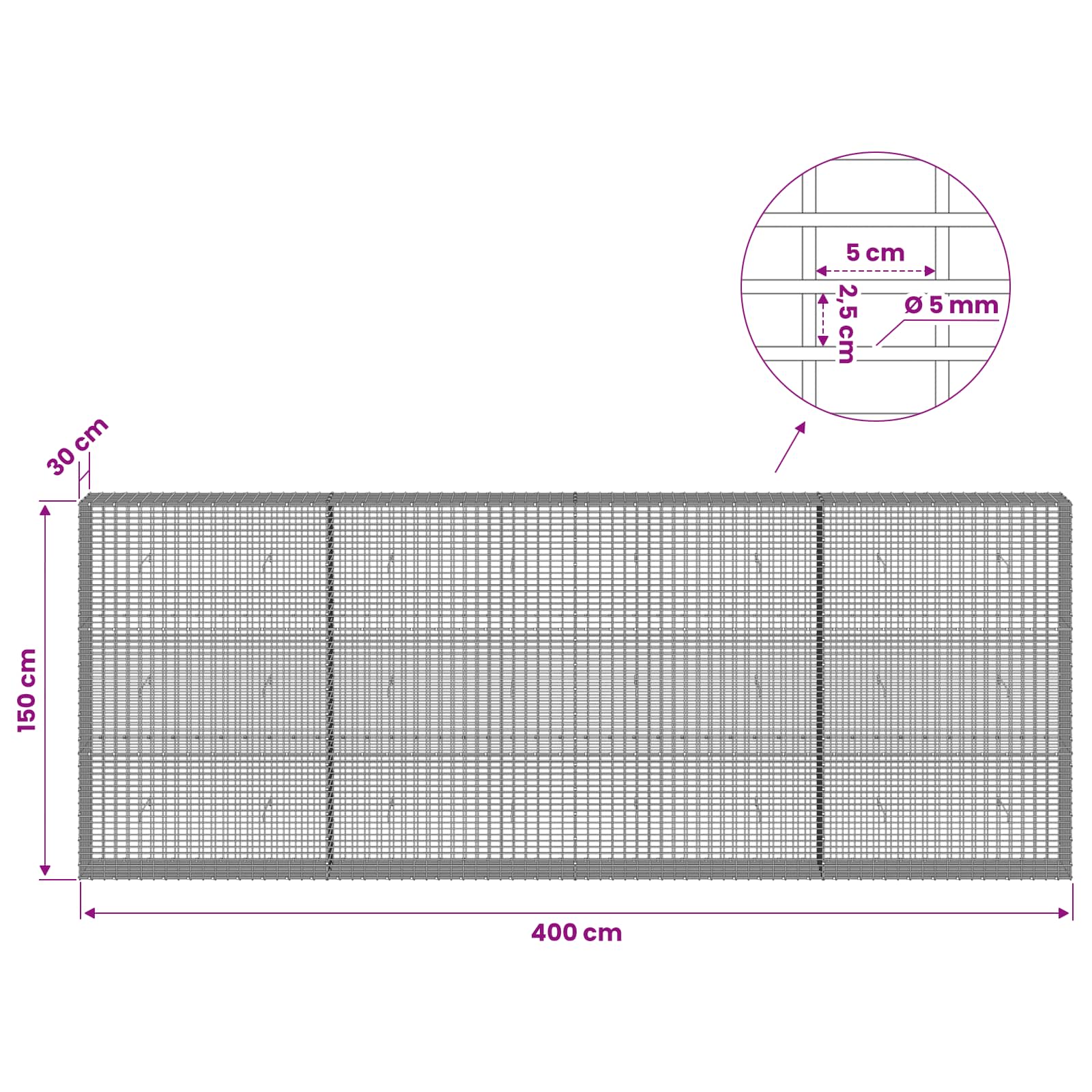 Gabion z žico 5 mm in mrežo 5x2,5 cm 400x30x150 cm