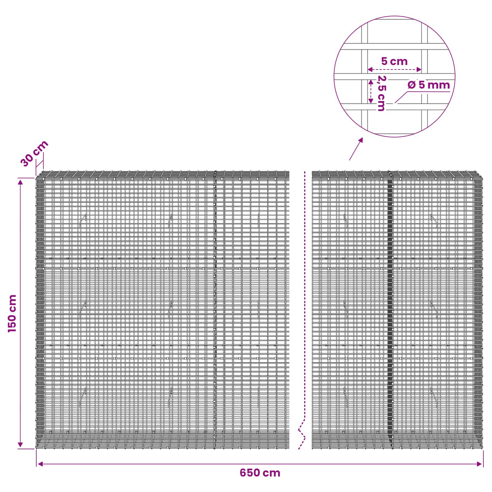 Gabion z žico 5 mm in mrežo 5x2,5 cm 650x30x150 cm