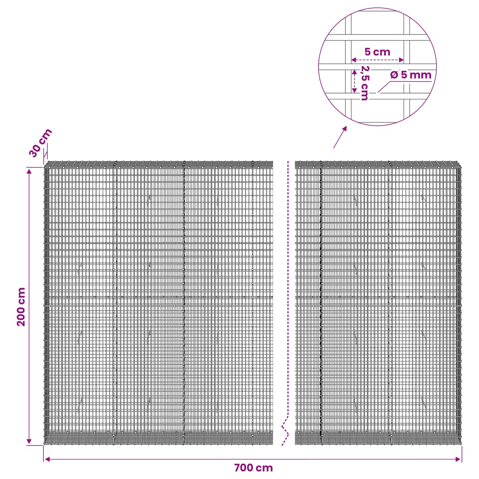 Gabion z žico 5 mm in mrežo 5x2,5 cm 700x30x200 cm