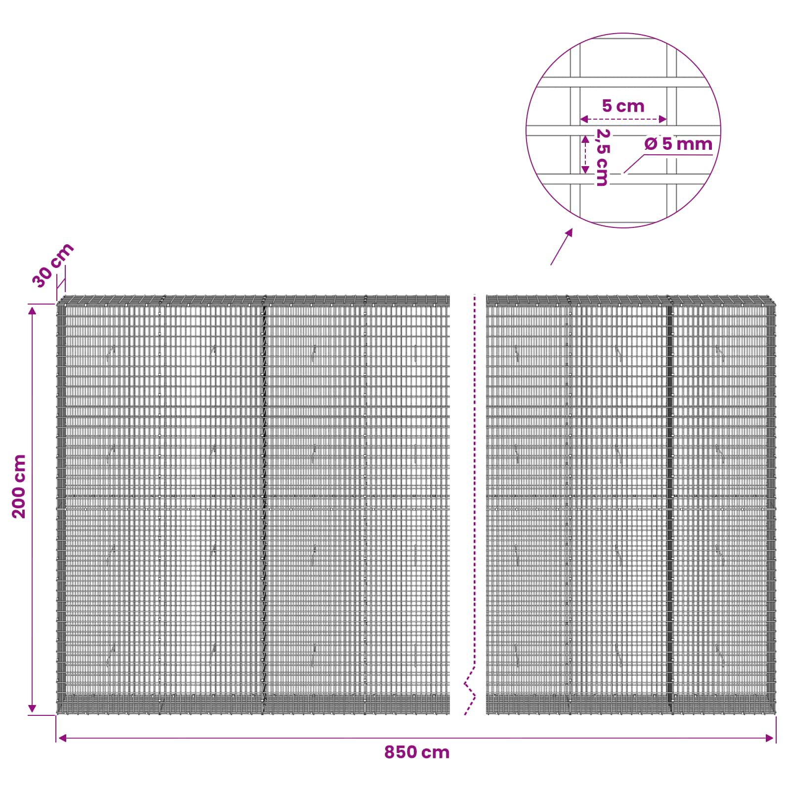 Gabion z žico 5 mm in mrežo 5x2,5 cm 850x30x200 cm