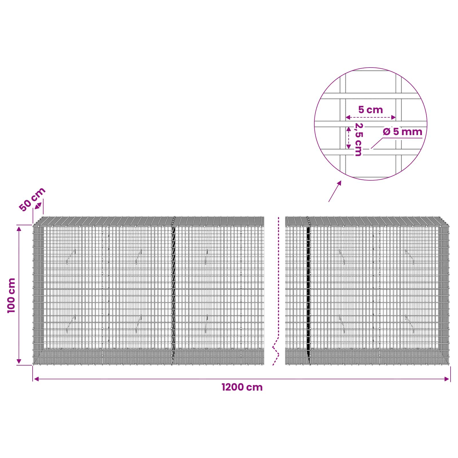 Gabion z žico 5 mm in mrežo 5x2,5 cm 1200x50x100 cm