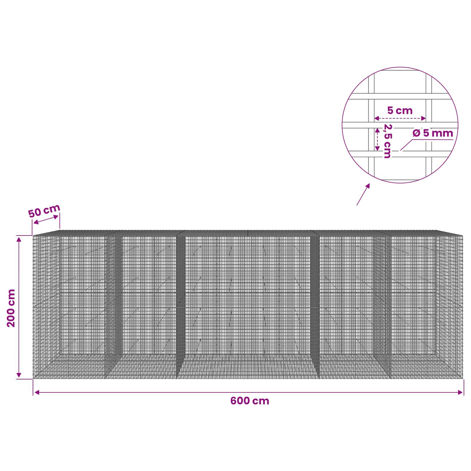 Gabion z žico 5 mm in mrežo 5x2,5 cm 600x50x200 cm