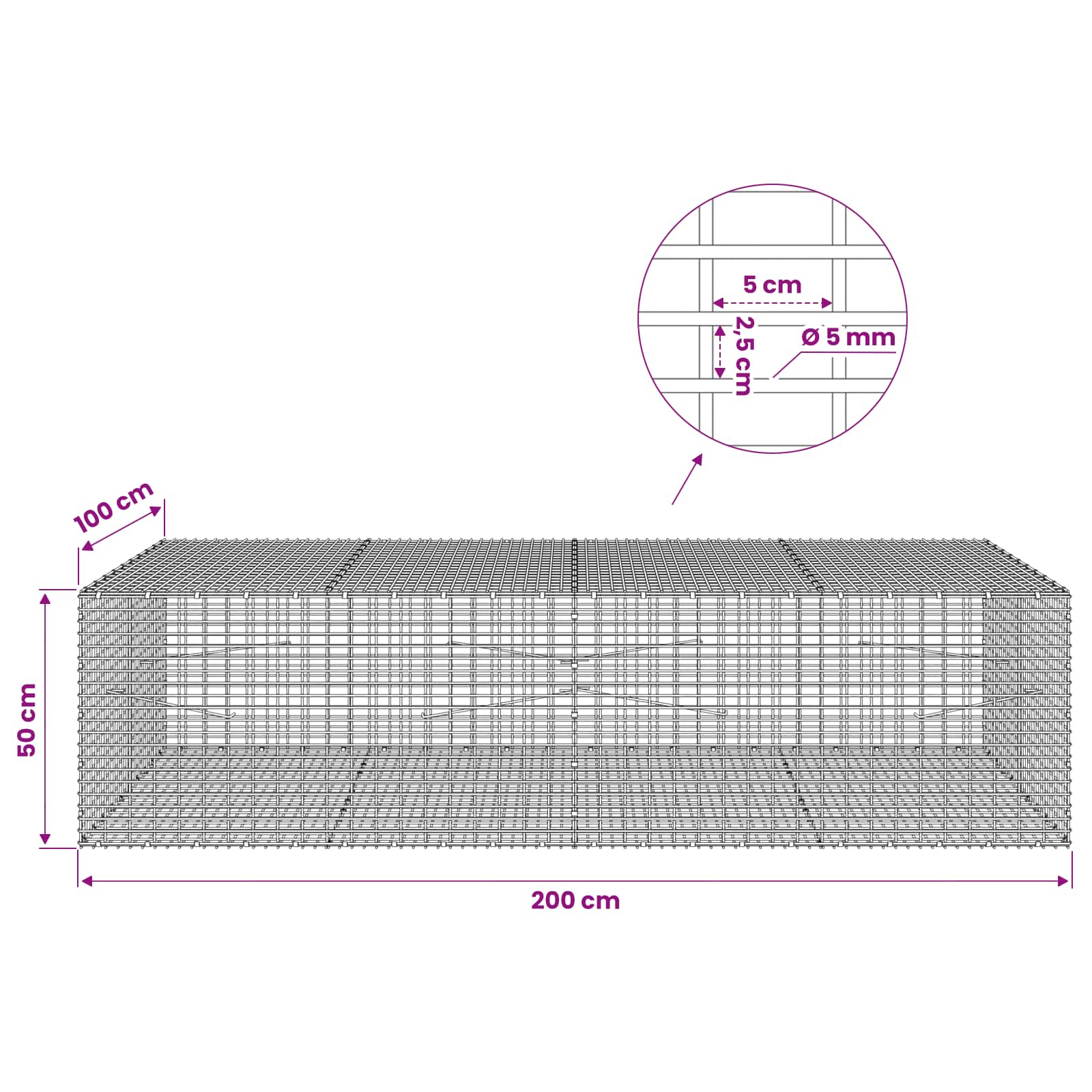 Gabion z žico 5 mm in mrežo 5x2,5 cm 200x100x50 cm