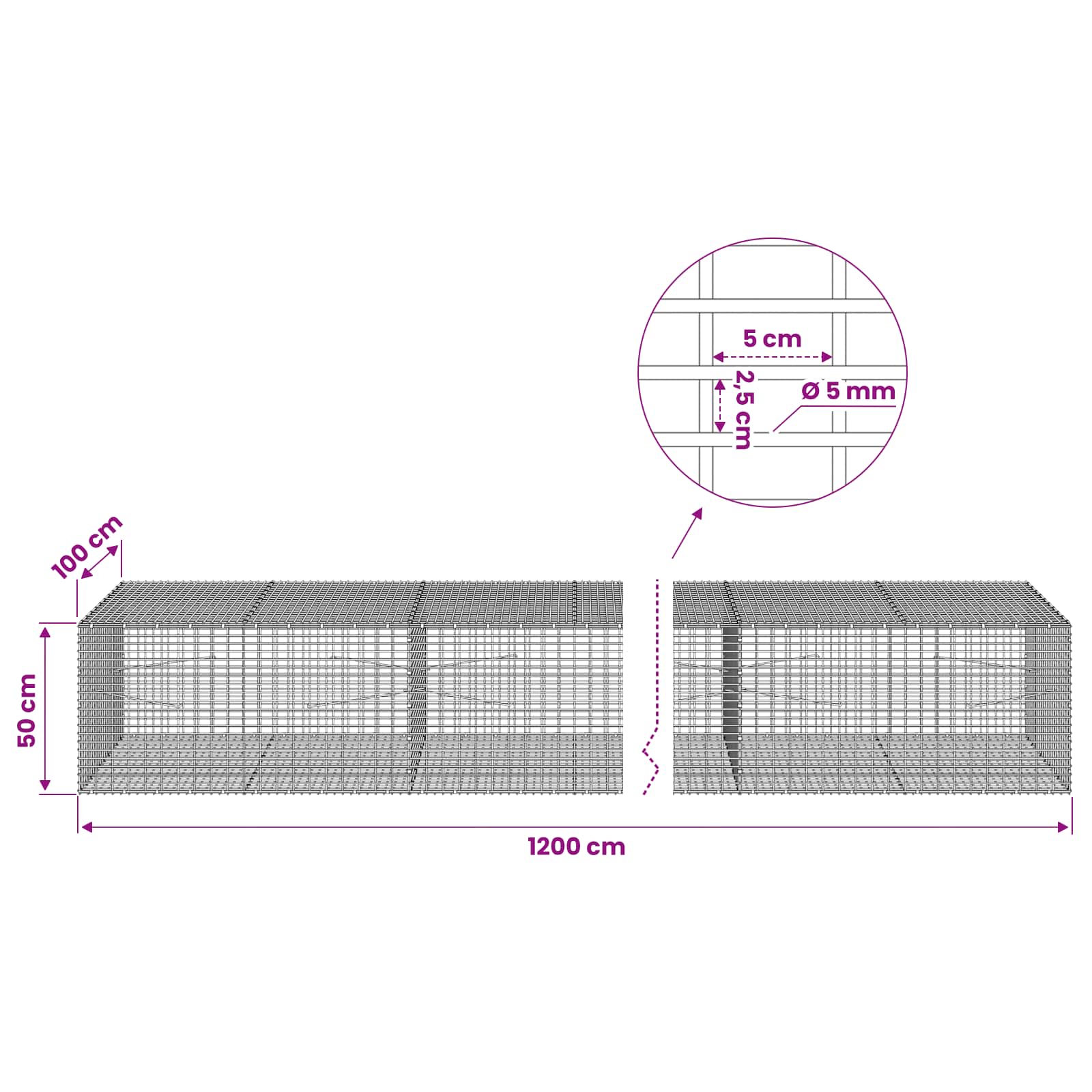 Gabion z žico 5 mm in mrežo 5x2,5 cm 1200x100x50 cm