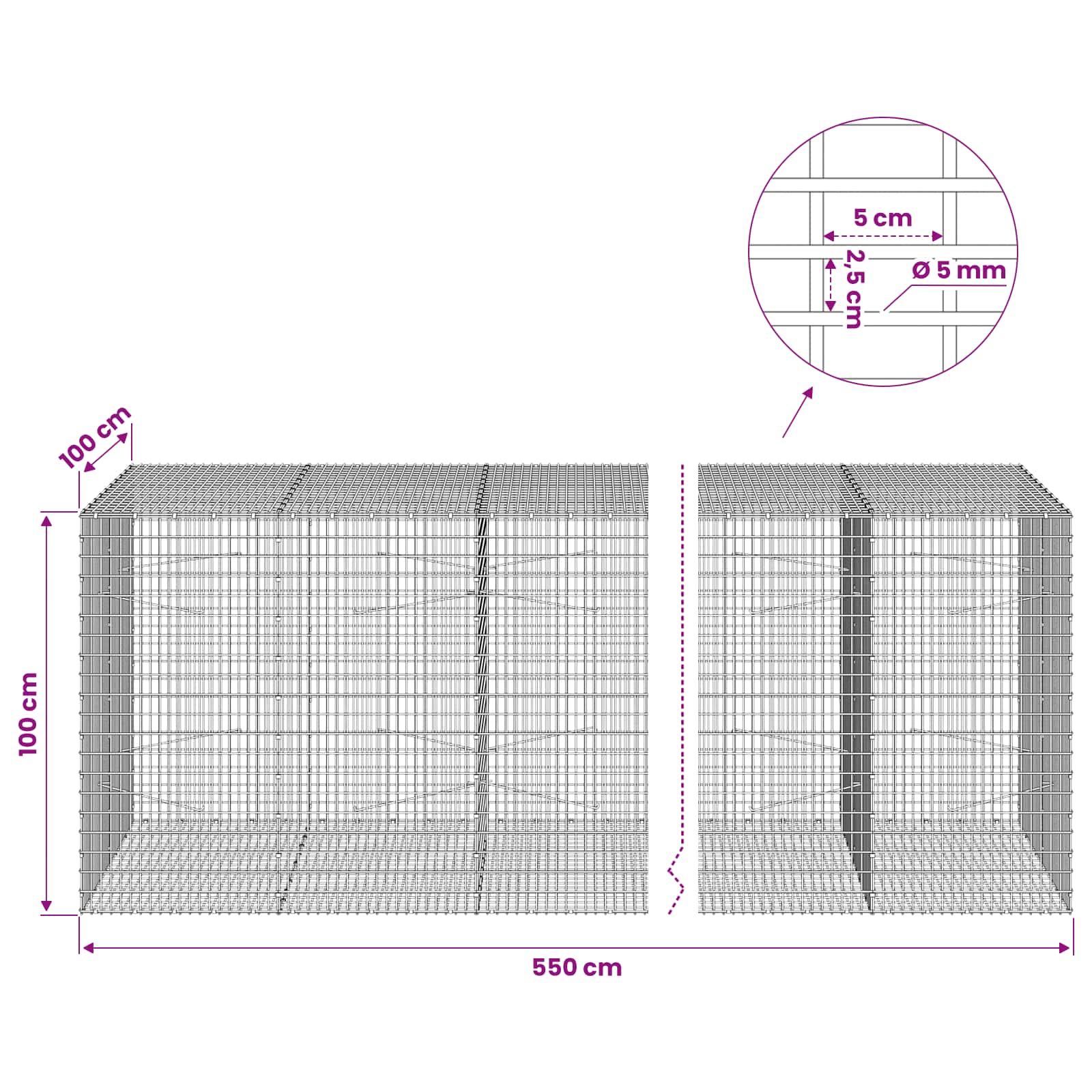 Gabion z žico 5 mm in mrežo 5x2,5 cm 550x100x100 cm