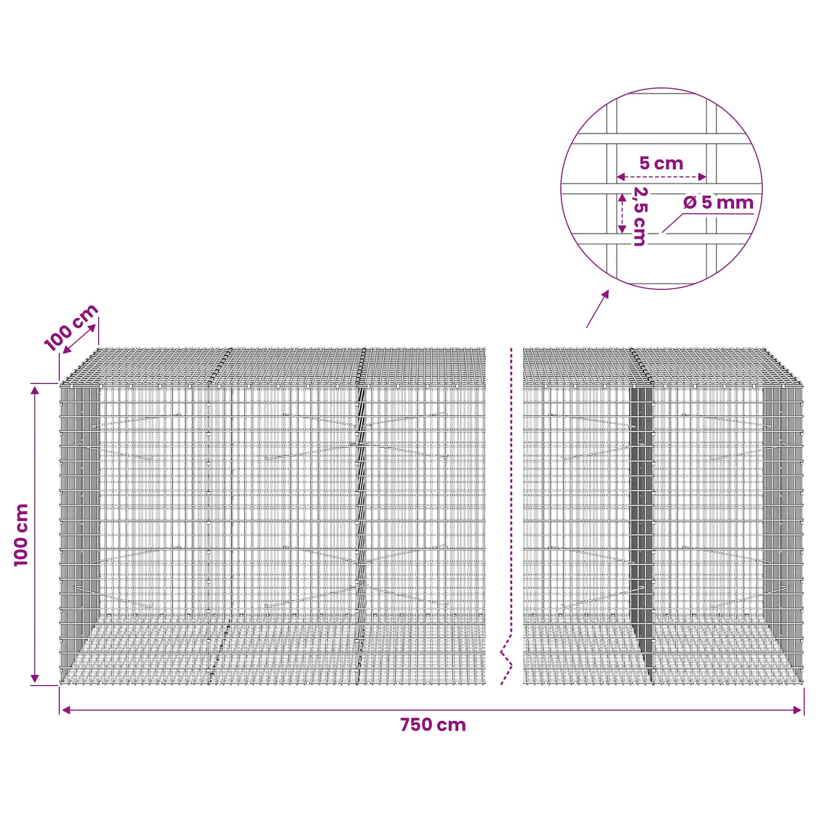 Gabion z žico 5 mm in mrežo 5x2,5 cm 750x100x100 cm