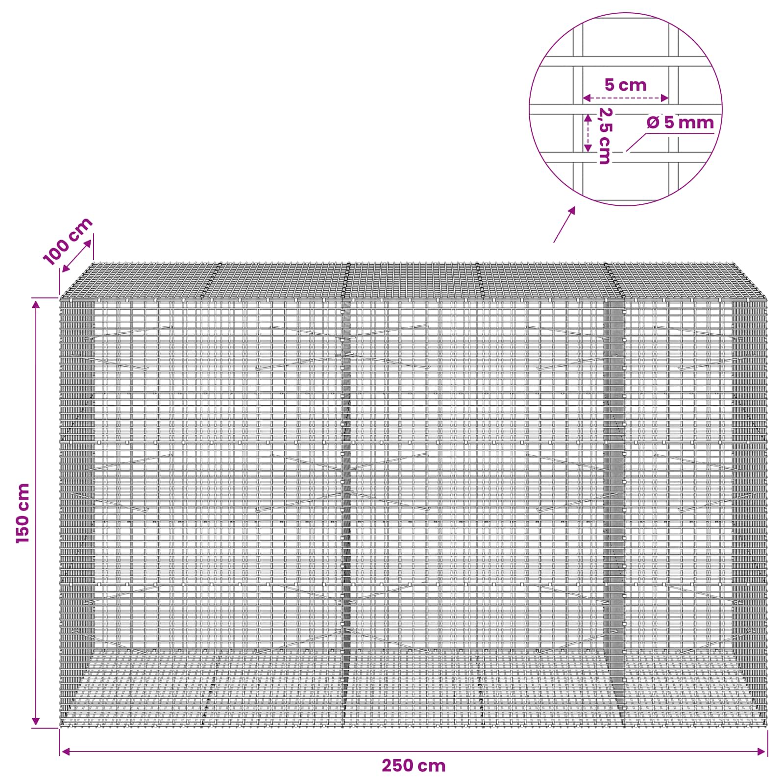 Gabion z žico 5 mm in mrežo 5x2,5 cm 250x100x150 cm