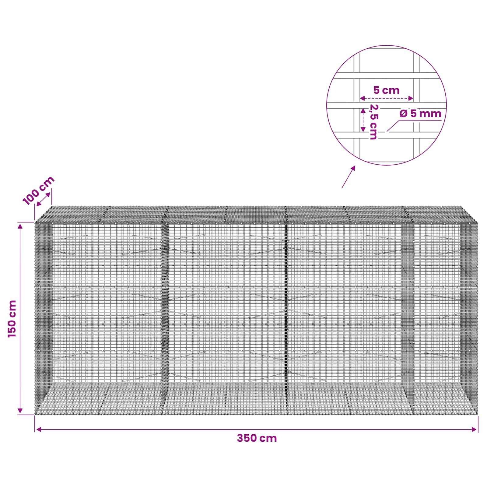 Gabion z žico 5 mm in mrežo 5x2,5 cm 350x100x150 cm