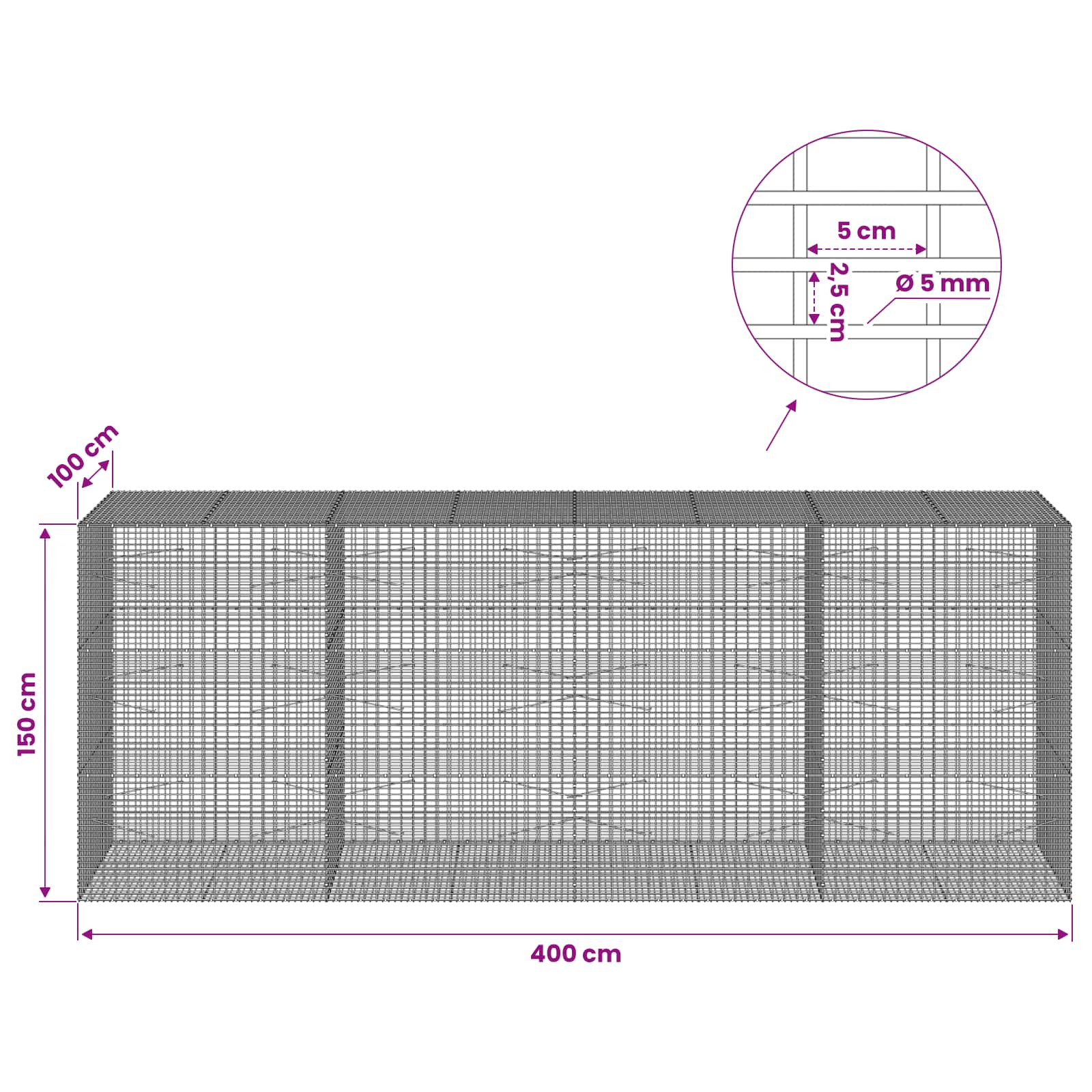 Gabion z žico 5 mm in mrežo 5x2,5 cm 400x100x150 cm