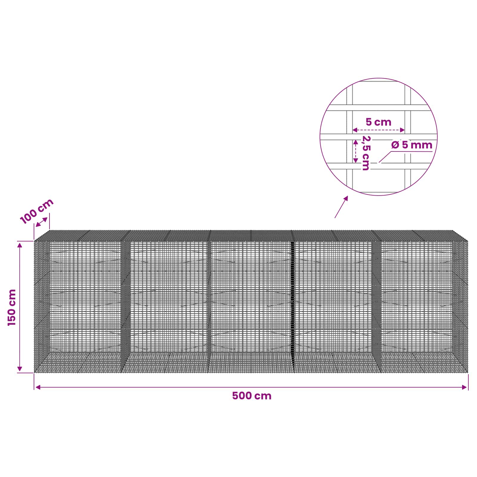 Gabion z žico 5 mm in mrežo 5x2,5 cm 500x100x150 cm