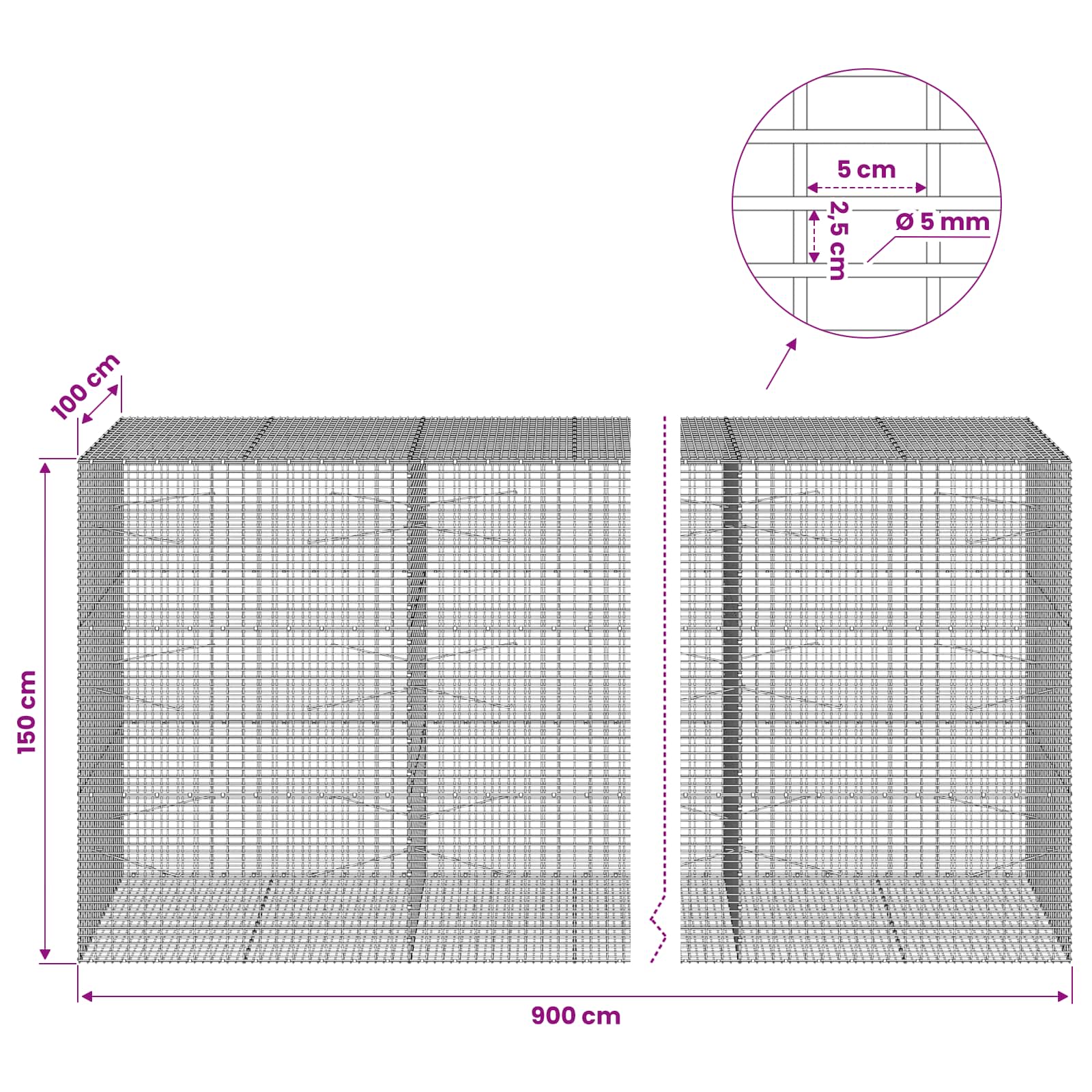 Gabion z žico 5 mm in mrežo 5x2,5 cm 900x100x150 cm
