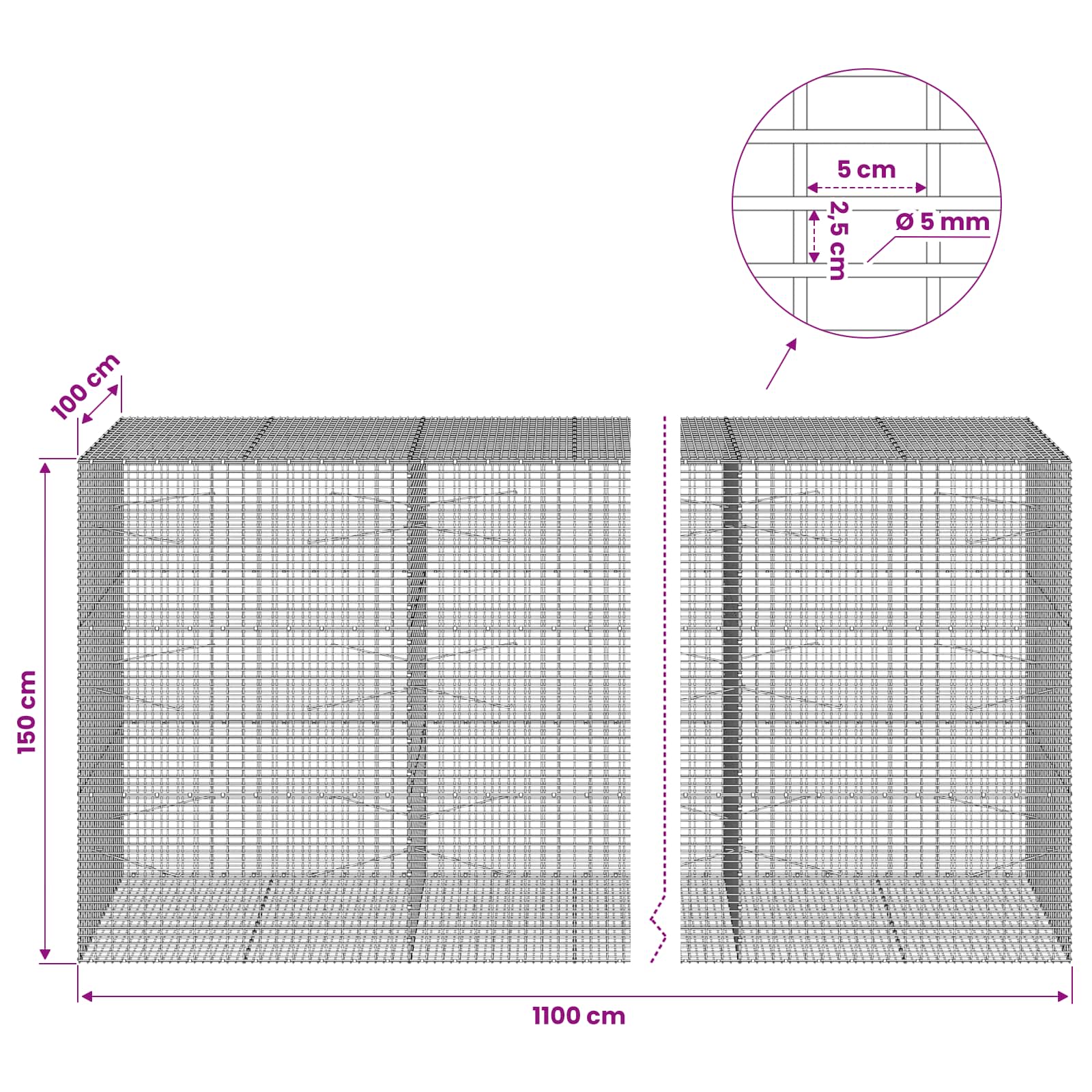 Gabion z žico 5 mm in mrežo 5x2,5 cm 1100x100x150 cm