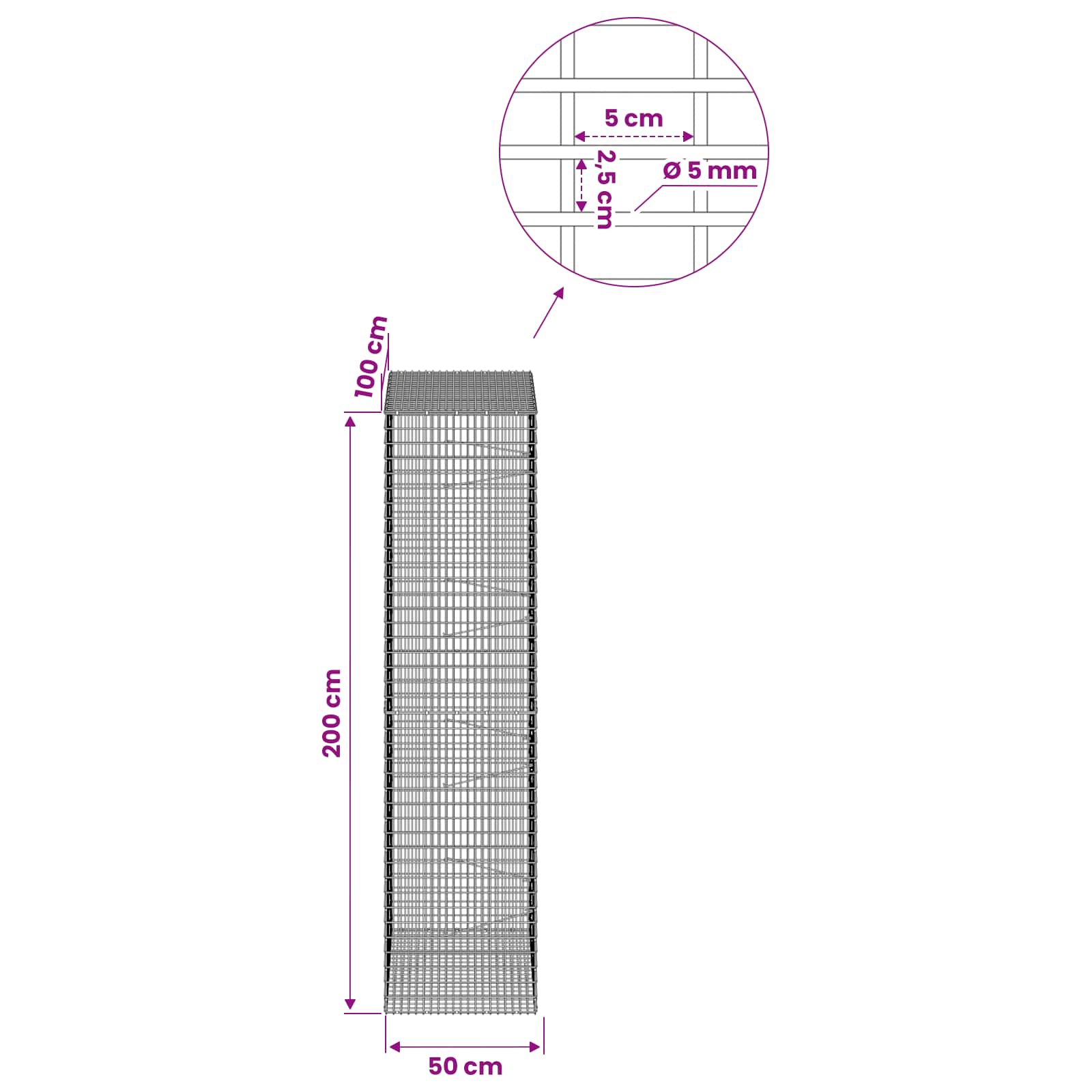 Gabion z žico 5 mm in mrežo 5x2,5 cm 50x100x200 cm