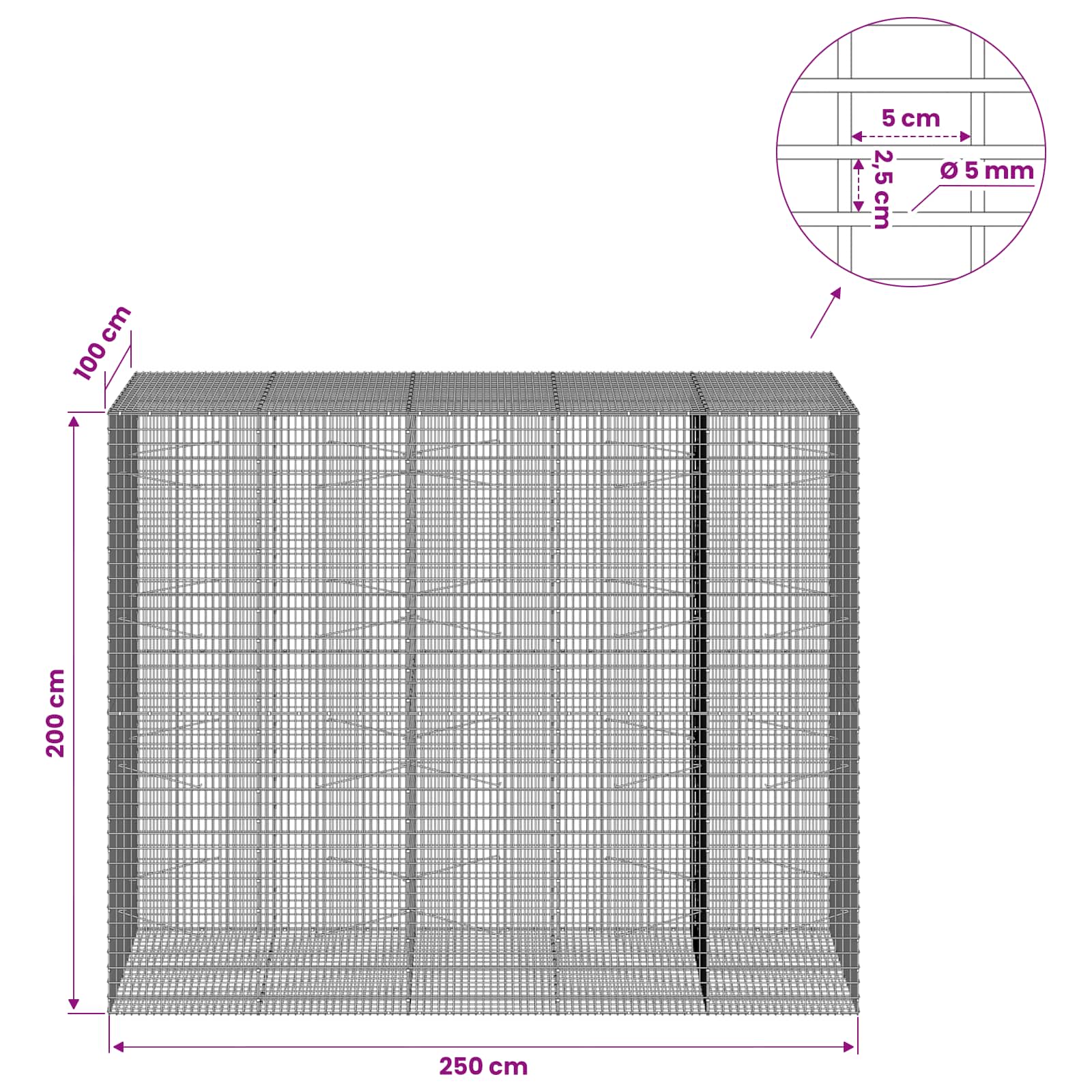 Gabion z žico 5 mm in mrežo 5x2,5 cm 250x100x200 cm