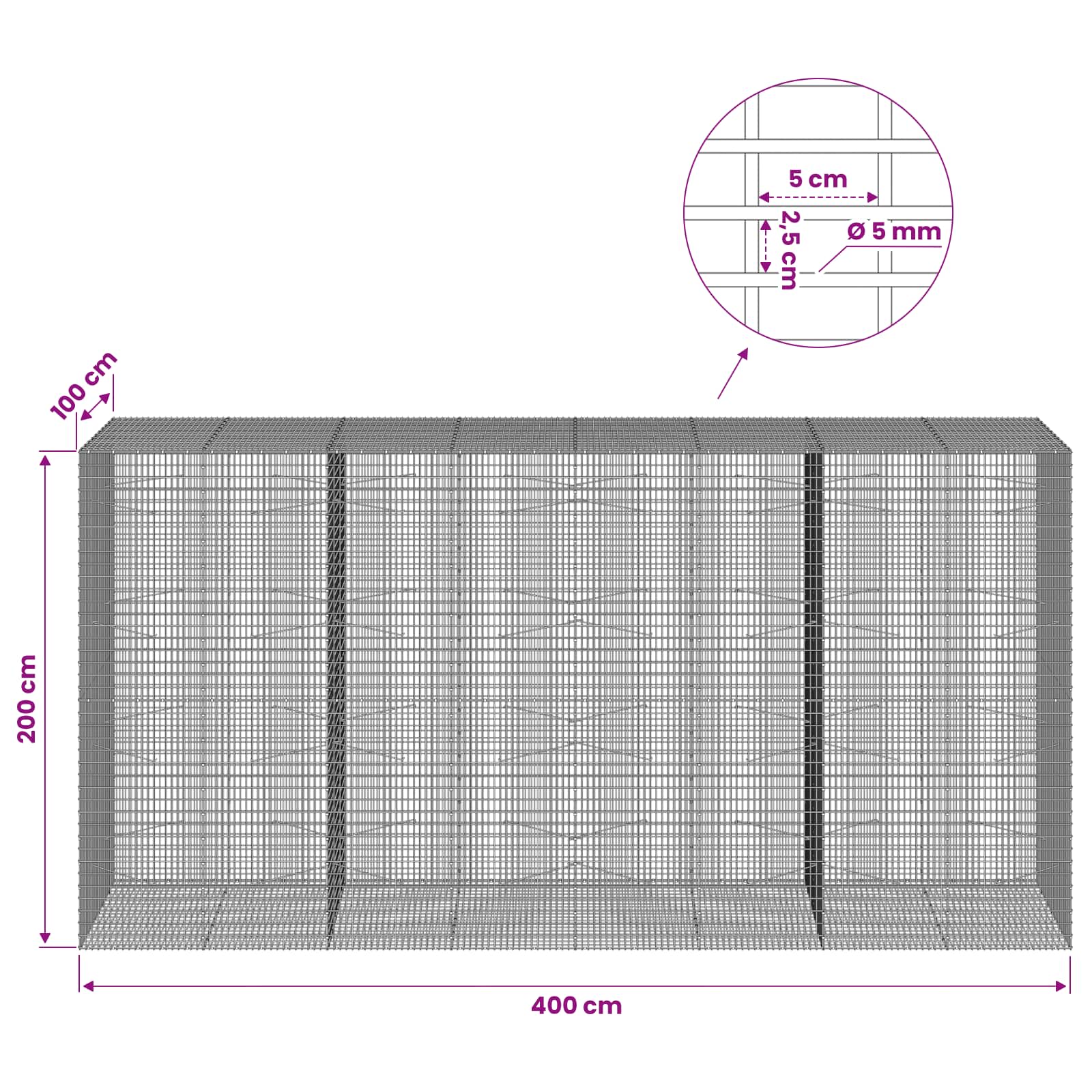 Gabion z žico 5 mm in mrežo 5x2,5 cm 400x100x200 cm