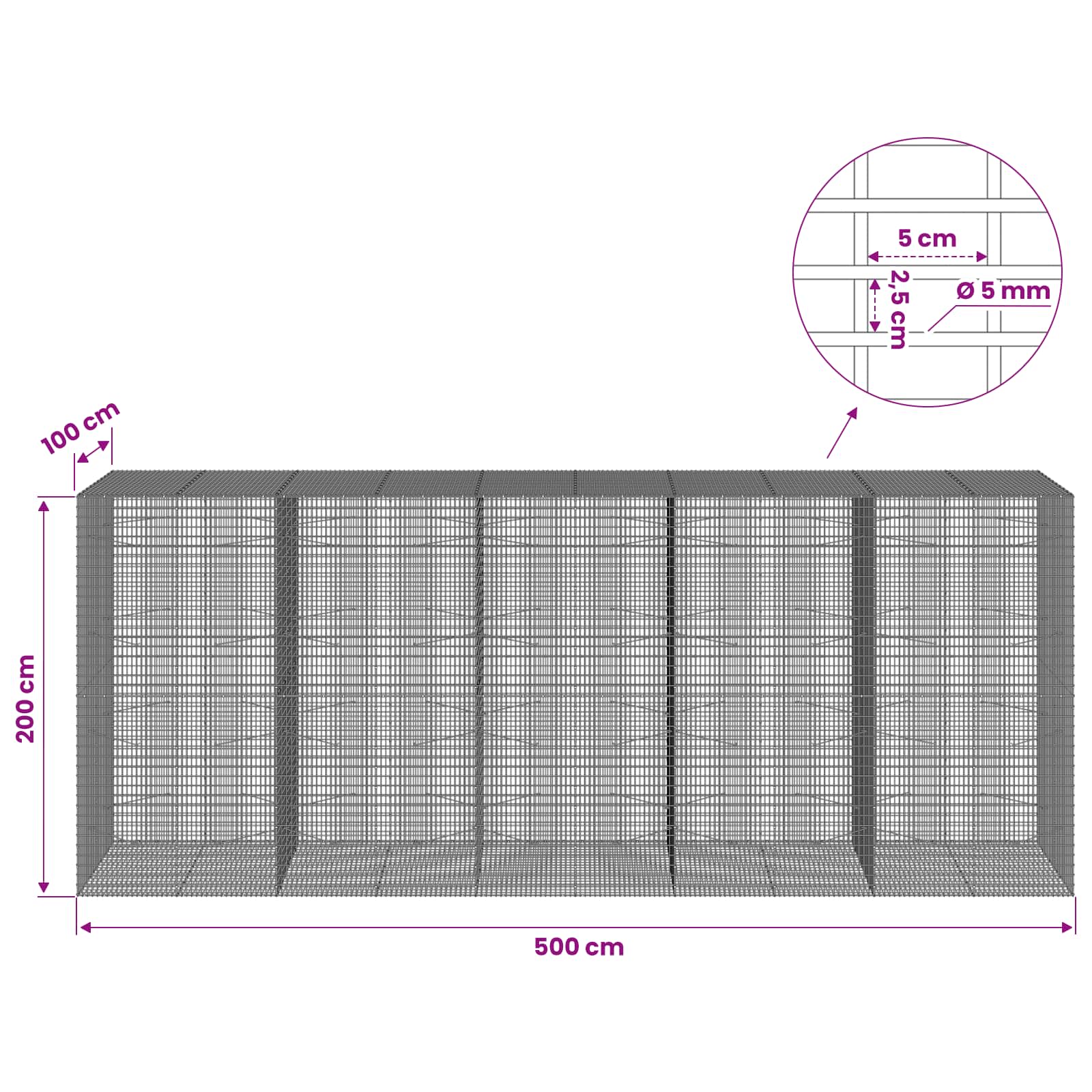 Gabion z žico 5 mm in mrežo 5x2,5 cm 500x100x200 cm