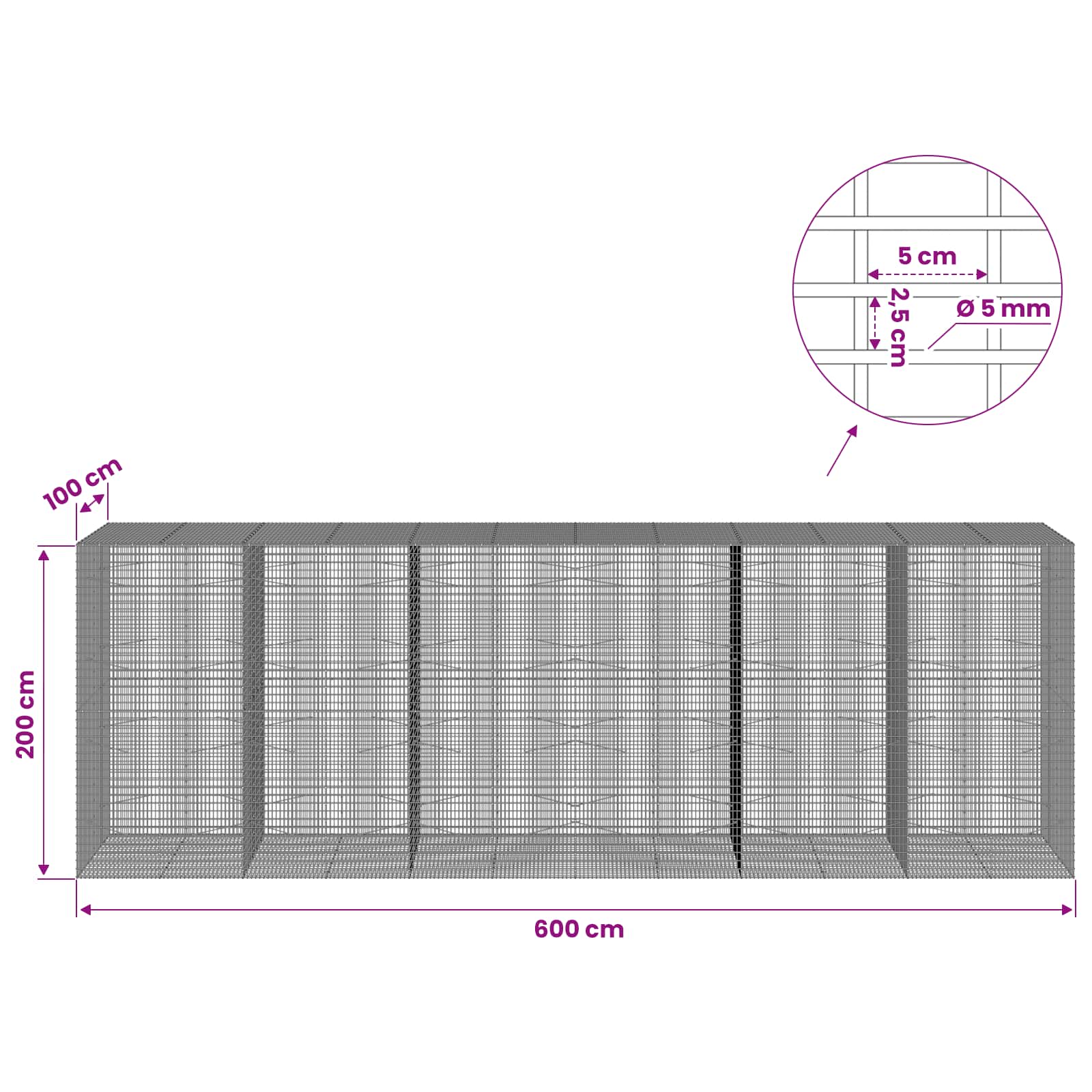Gabion z žico 5 mm in mrežo 5x2,5 cm 600x100x200 cm